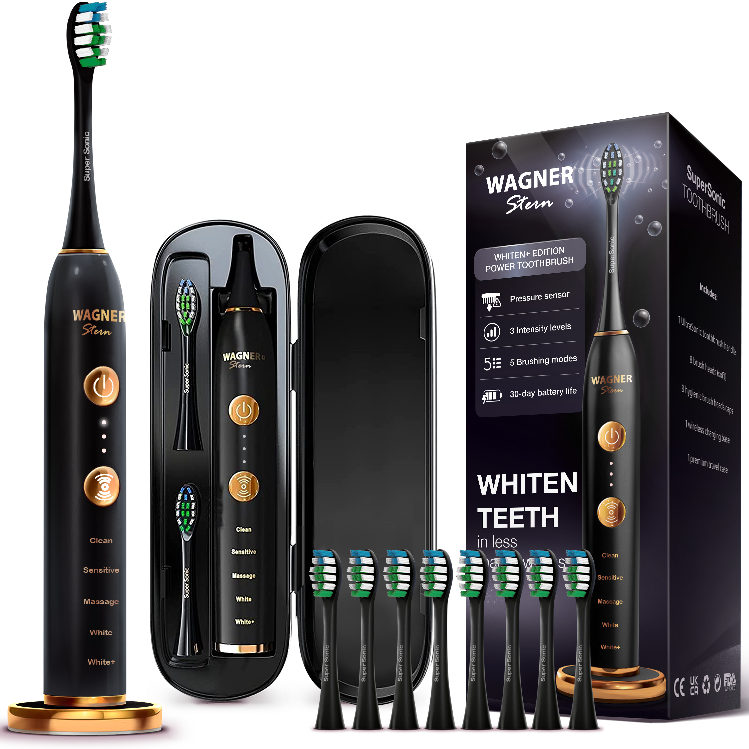 Wagner & Stern WHITEN+ Edition. Smart Electric Toothbrush with Pressure Sensor. 5 Brushing Modes and 3 Intensity Levels, 8 Dupont Bristles, Premium Travel Case.