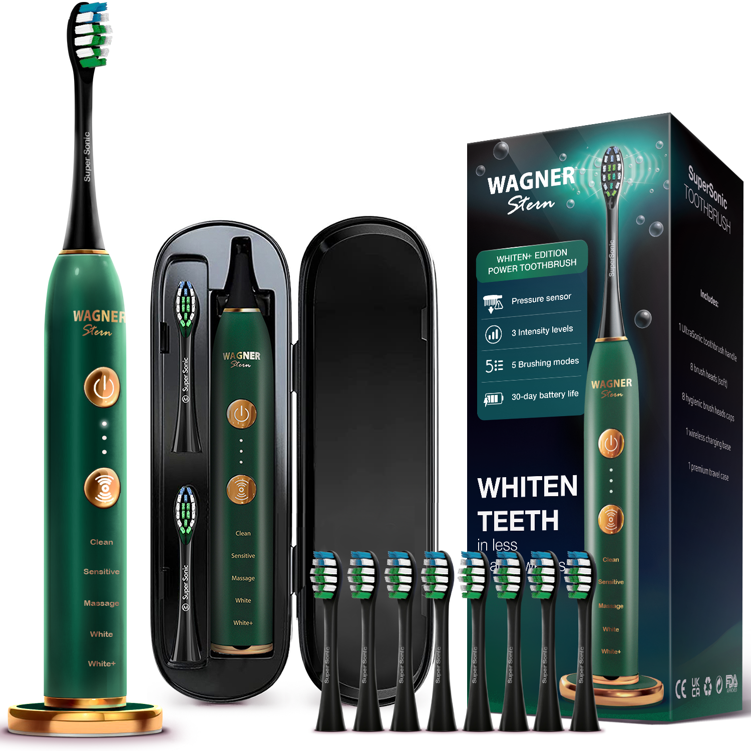 Wagner & Stern WHITEN+ Edition. Smart Electric Toothbrush with Pressure Sensor. 5 Brushing Modes and 3 Intensity Levels, 8 Dupont Bristles, Premium Travel Case.