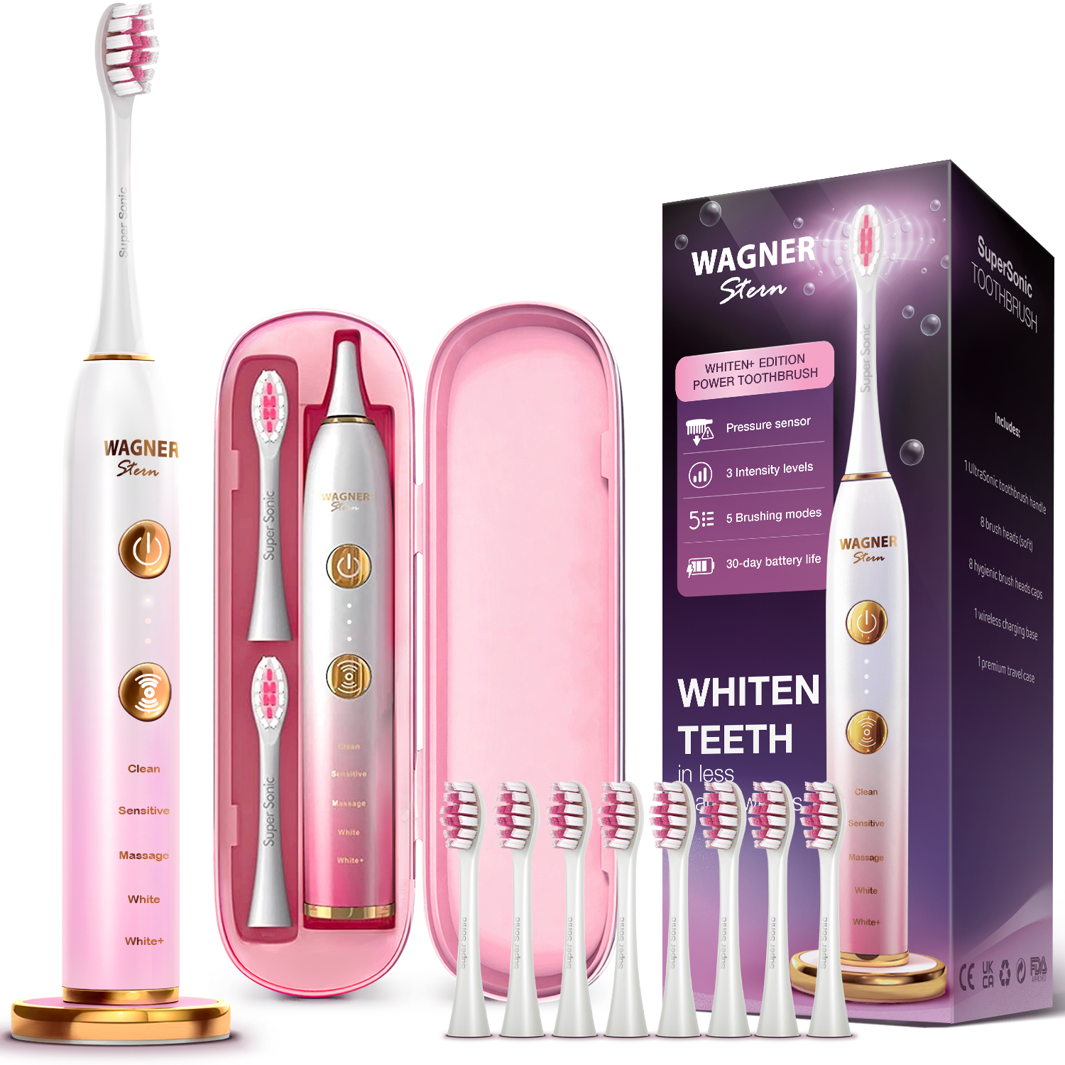 Wagner & Stern WHITEN+ Edition. Smart Electric Toothbrush with Pressure Sensor. 5 Brushing Modes and 3 Intensity Levels, 8 Dupont Bristles, Premium Travel Case.