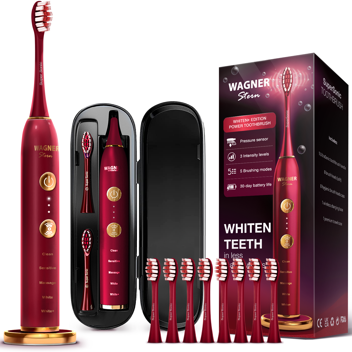 Wagner & Stern WHITEN+ Edition. Smart Electric Toothbrush with Pressure Sensor. 5 Brushing Modes and 3 Intensity Levels, 8 Dupont Bristles, Premium Travel Case.