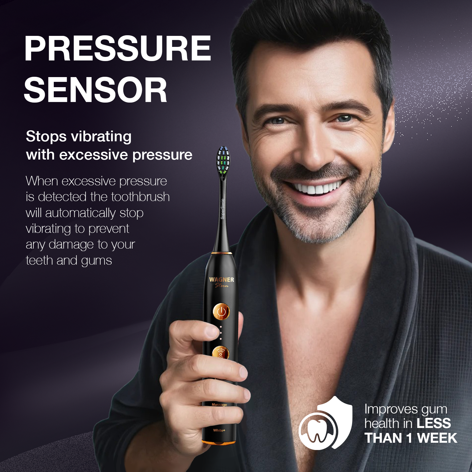 Wagner & Stern WHITEN+ Edition. Smart Electric Toothbrush with Pressure Sensor. 5 Brushing Modes and 3 Intensity Levels, 8 Dupont Bristles, Premium Travel Case.