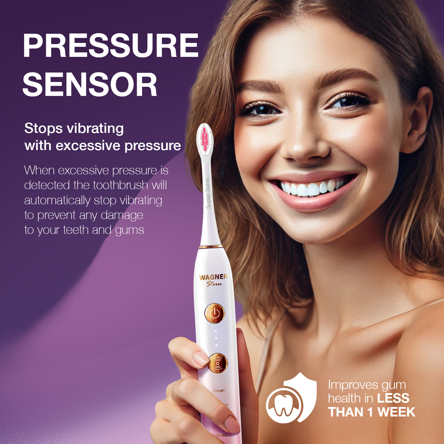 Wagner & Stern WHITEN+ Edition. Smart Electric Toothbrush with Pressure Sensor. 5 Brushing Modes and 3 Intensity Levels, 8 Dupont Bristles, Premium Travel Case.