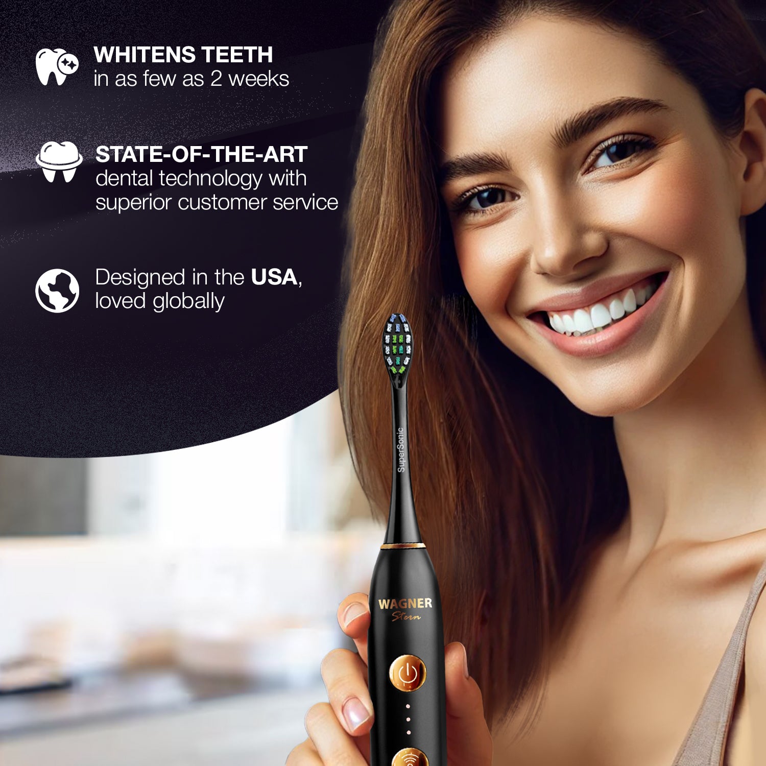 Wagner & Stern WHITEN+ Edition. Smart Electric Toothbrush with Pressure Sensor. 5 Brushing Modes and 3 Intensity Levels, 8 Dupont Bristles, Premium Travel Case.