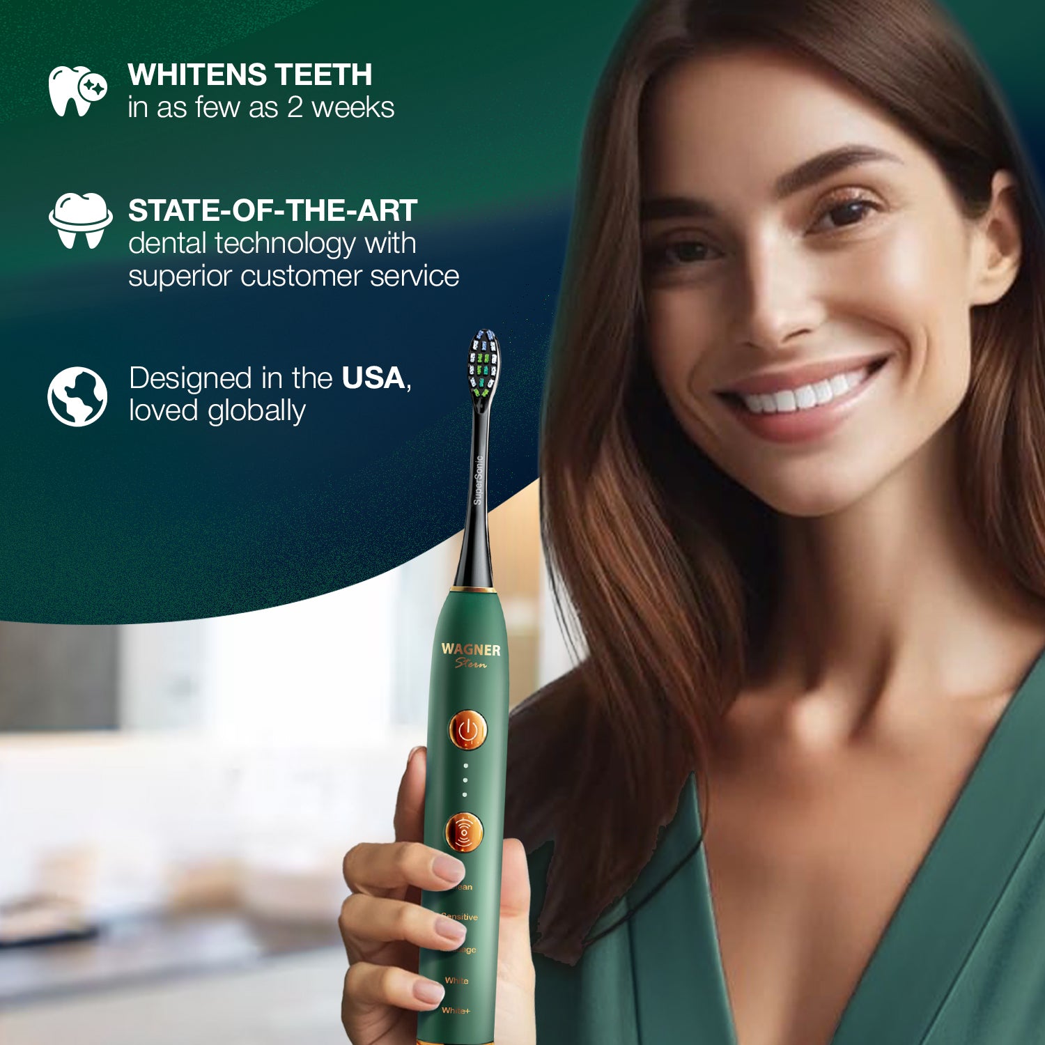 Wagner & Stern WHITEN+ Edition. Smart Electric Toothbrush with Pressure Sensor. 5 Brushing Modes and 3 Intensity Levels, 8 Dupont Bristles, Premium Travel Case.