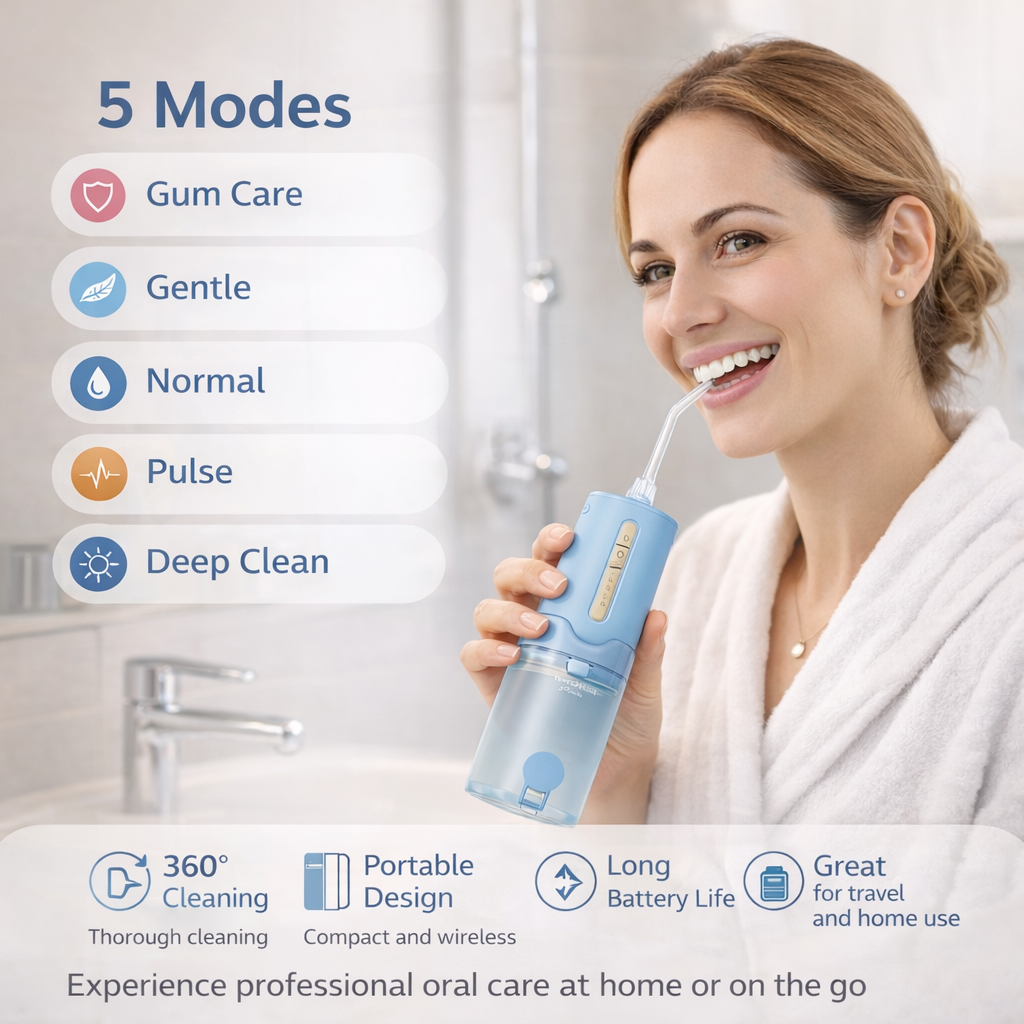 Wagner Stern Portable Water Flosser, Cordless Dental Irrigator with 5 Pressure Modes, 4 Jet Nozzles, USB-C Rechargeable, IPX7 Waterproof, Model DF3400