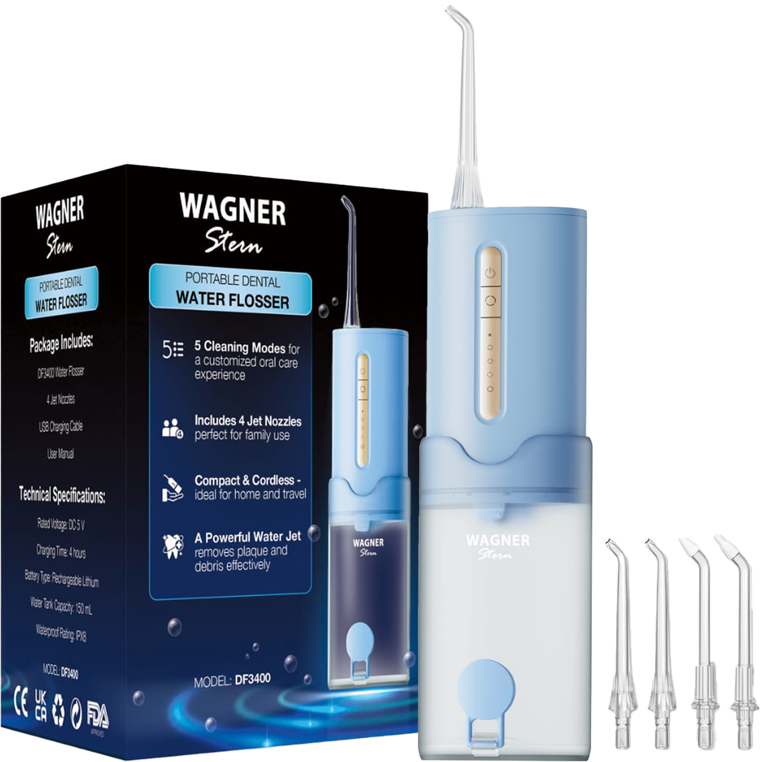 Wagner Stern Portable Water Flosser, Cordless Dental Irrigator with 5 Pressure Modes, 4 Jet Nozzles, USB-C Rechargeable, IPX7 Waterproof, Model DF3400
