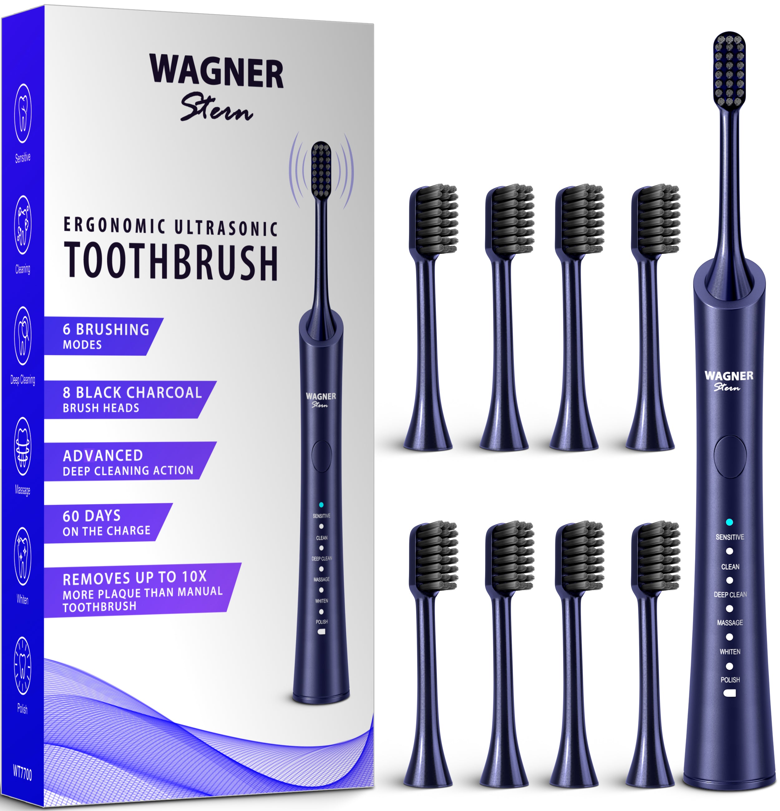 Wagner & Stern ultrasonic whitening Electric Toothbrush with 8 Charcoal Black Brush Heads. for Fresh Breath & Healthy Smile. (Blue)
