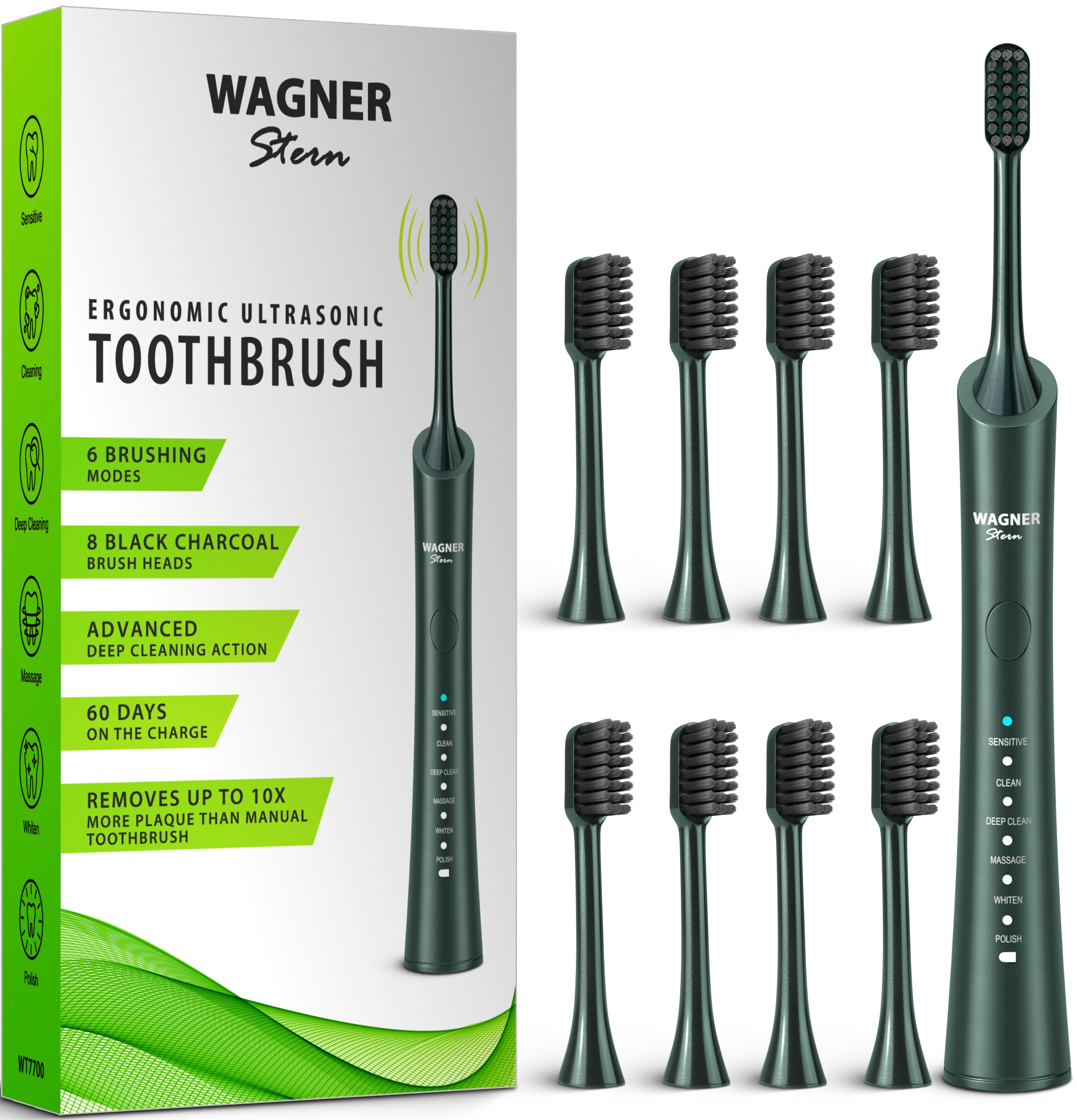 Wagner & Stern ultrasonic whitening Electric Toothbrush with 8 Charcoal Black Brush Heads. for Fresh Breath & Healthy Smile. (Green)