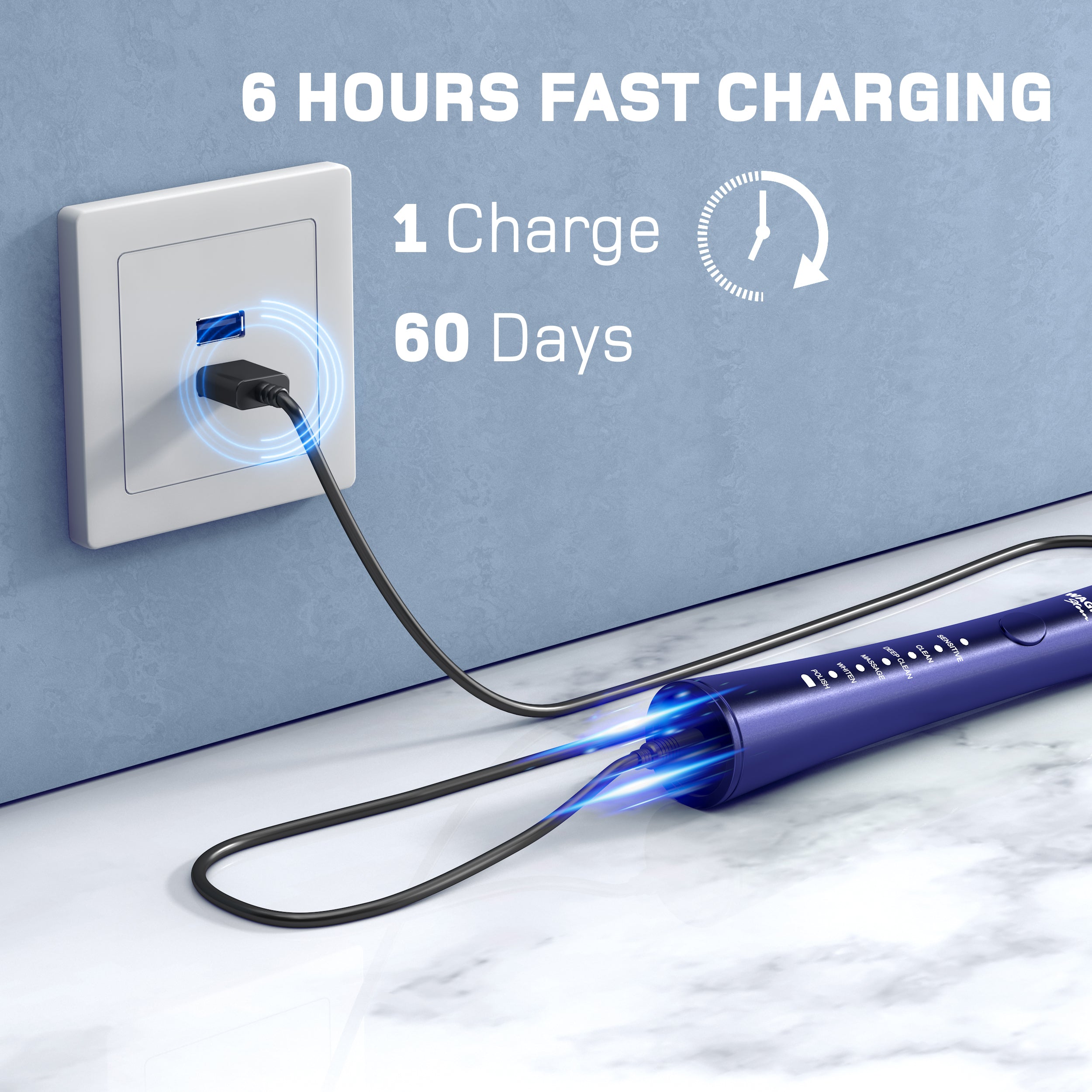 Wagner & Stern ultrasonic whitening Electric Toothbrush with 8 Charcoal Black Brush Heads. for Fresh Breath & Healthy Smile. (Blue)