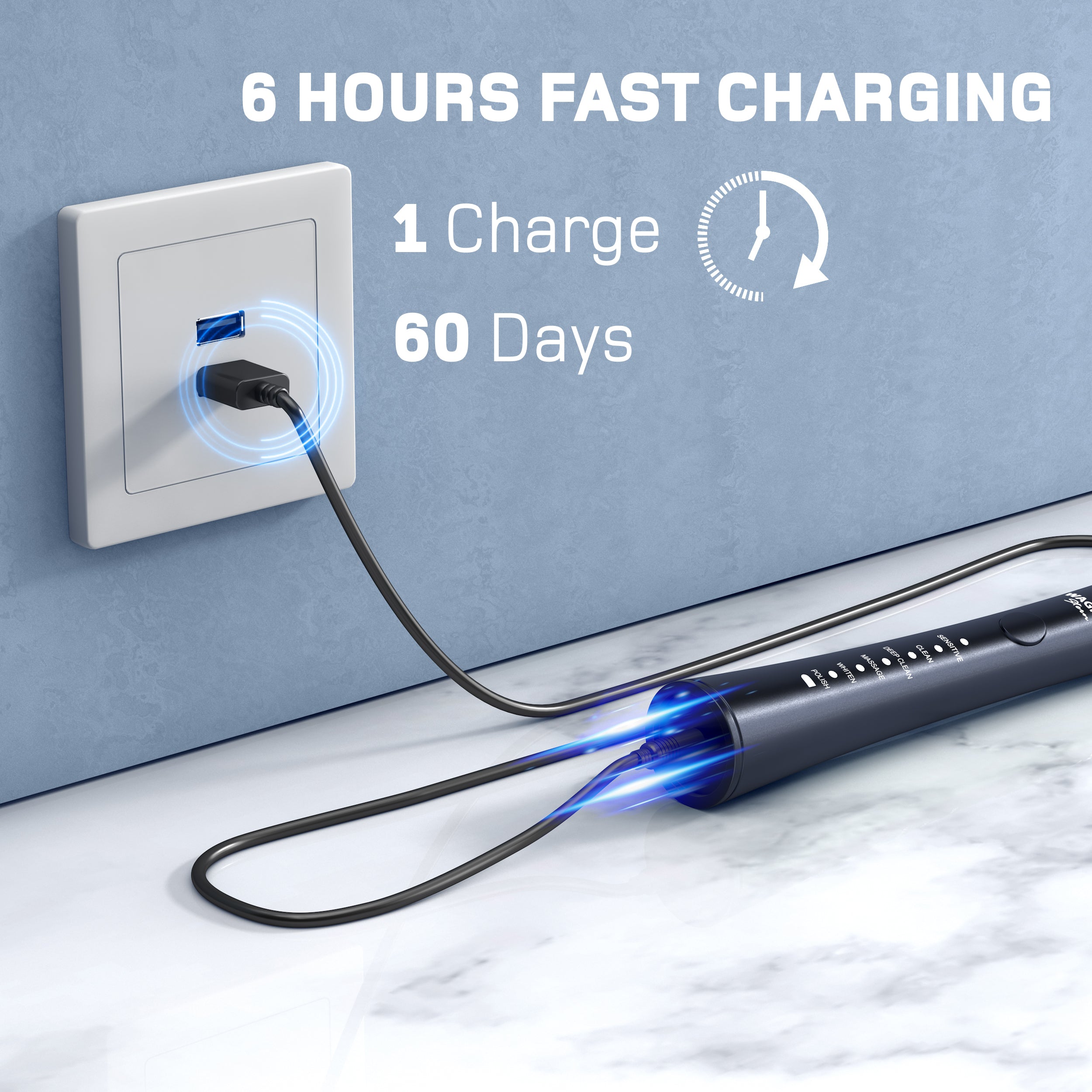 Wagner & Stern ultrasonic whitening Electric Toothbrush with 8 Charcoal Black Brush Heads. for Fresh Breath & Healthy Smile. (Charcoal)