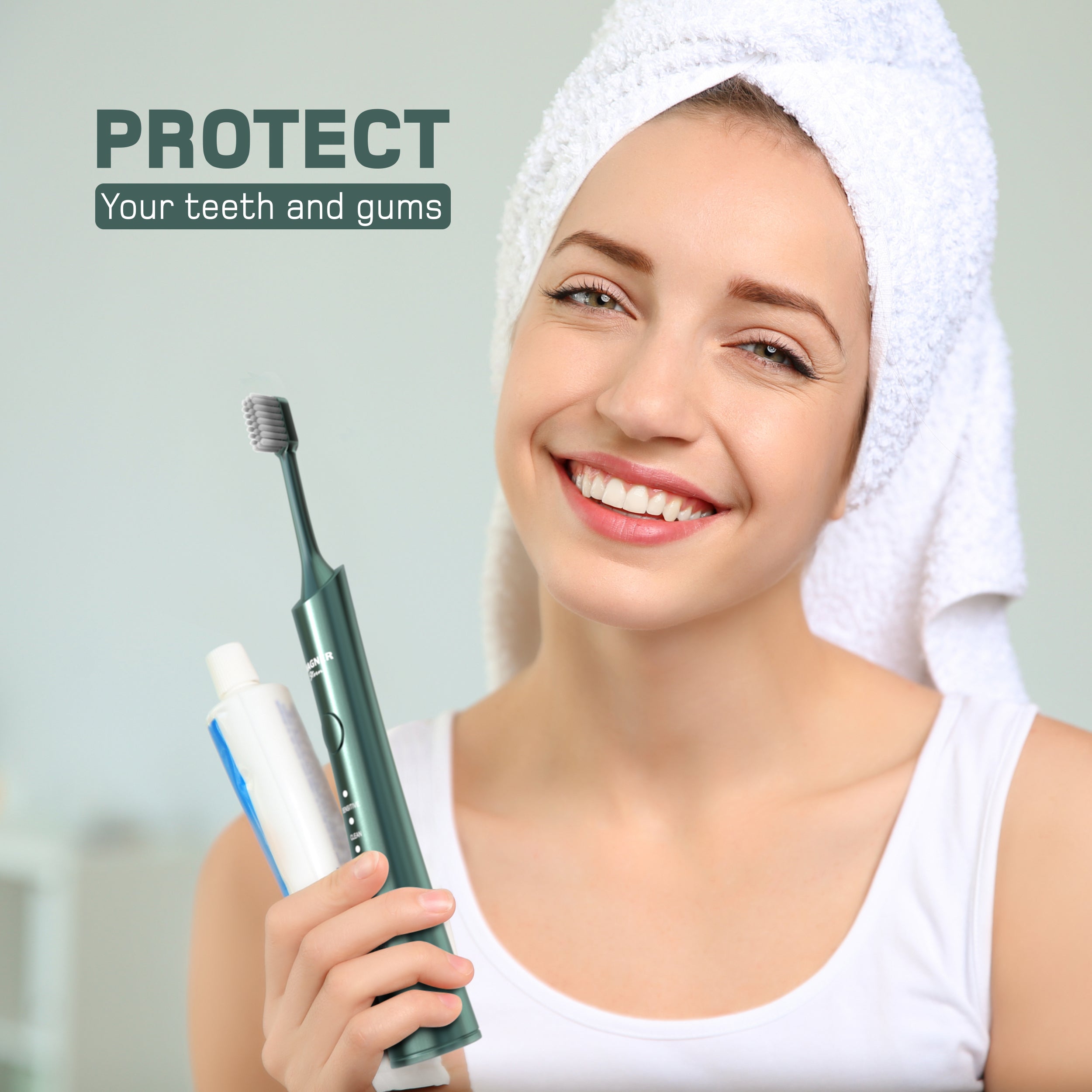 Wagner & Stern ultrasonic whitening Electric Toothbrush with 8 Charcoal Black Brush Heads. for Fresh Breath & Healthy Smile. (Green)