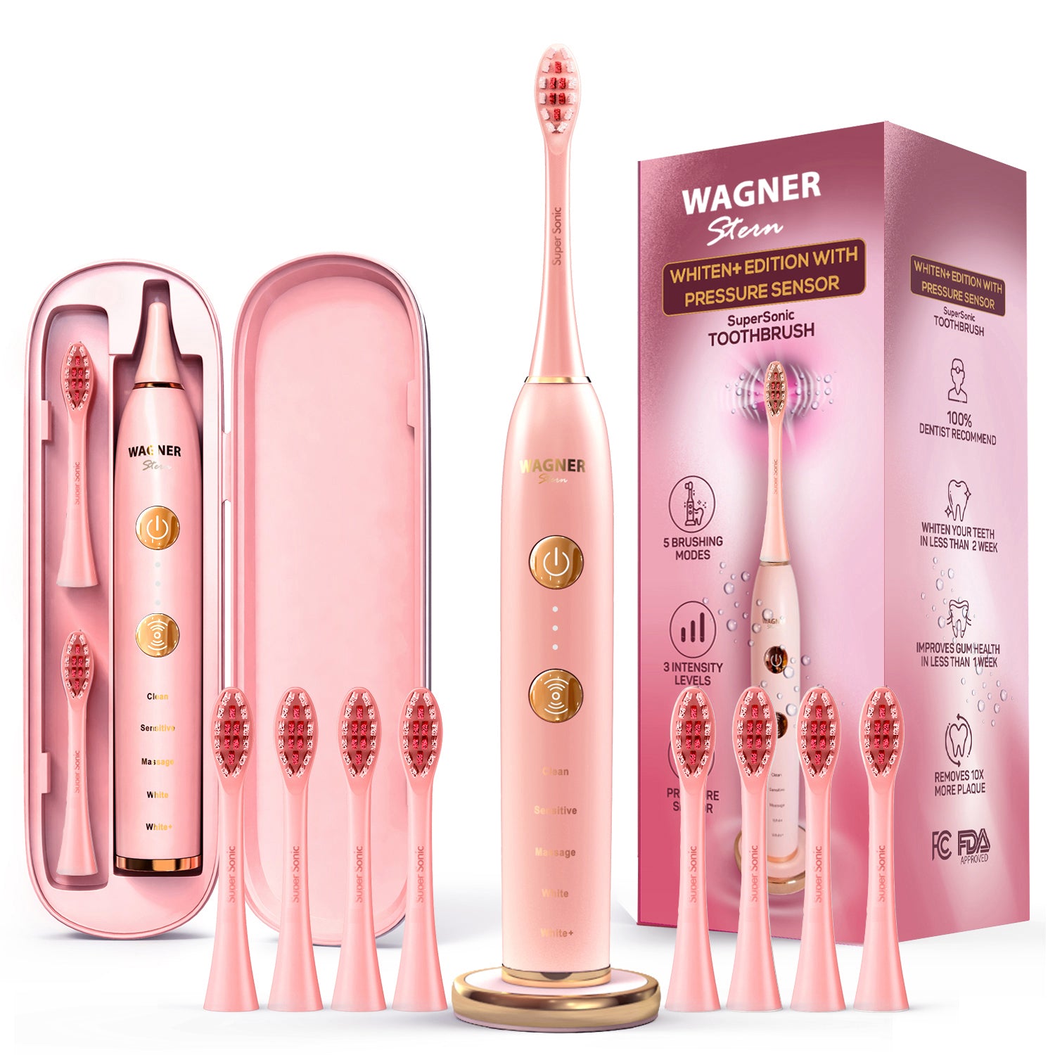 Wagner & Stern WHITEN+ Edition. Smart Electric Toothbrush with Pressure Sensor. 5 Brushing Modes and 3 Intensity Levels, 8 Dupont Bristles, Premium Travel Case.