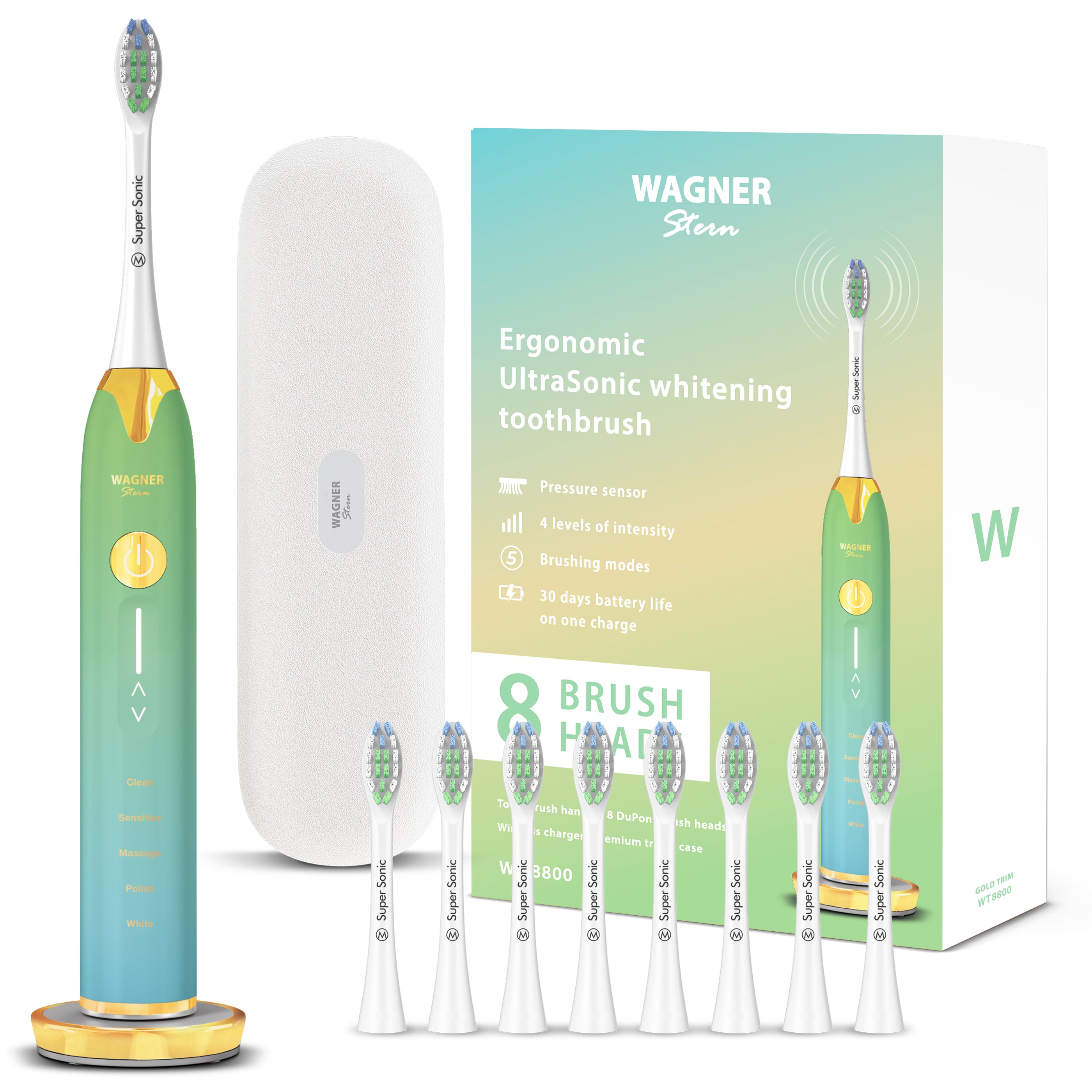 Wagner & Stern Ultrasonic whitening Toothbrush with Pressure Sensor. 5 Brushing Modes and 4 Intensity Levels with 3D Sliding Control, 8 Dupont Bristles, Premium Travel Case.