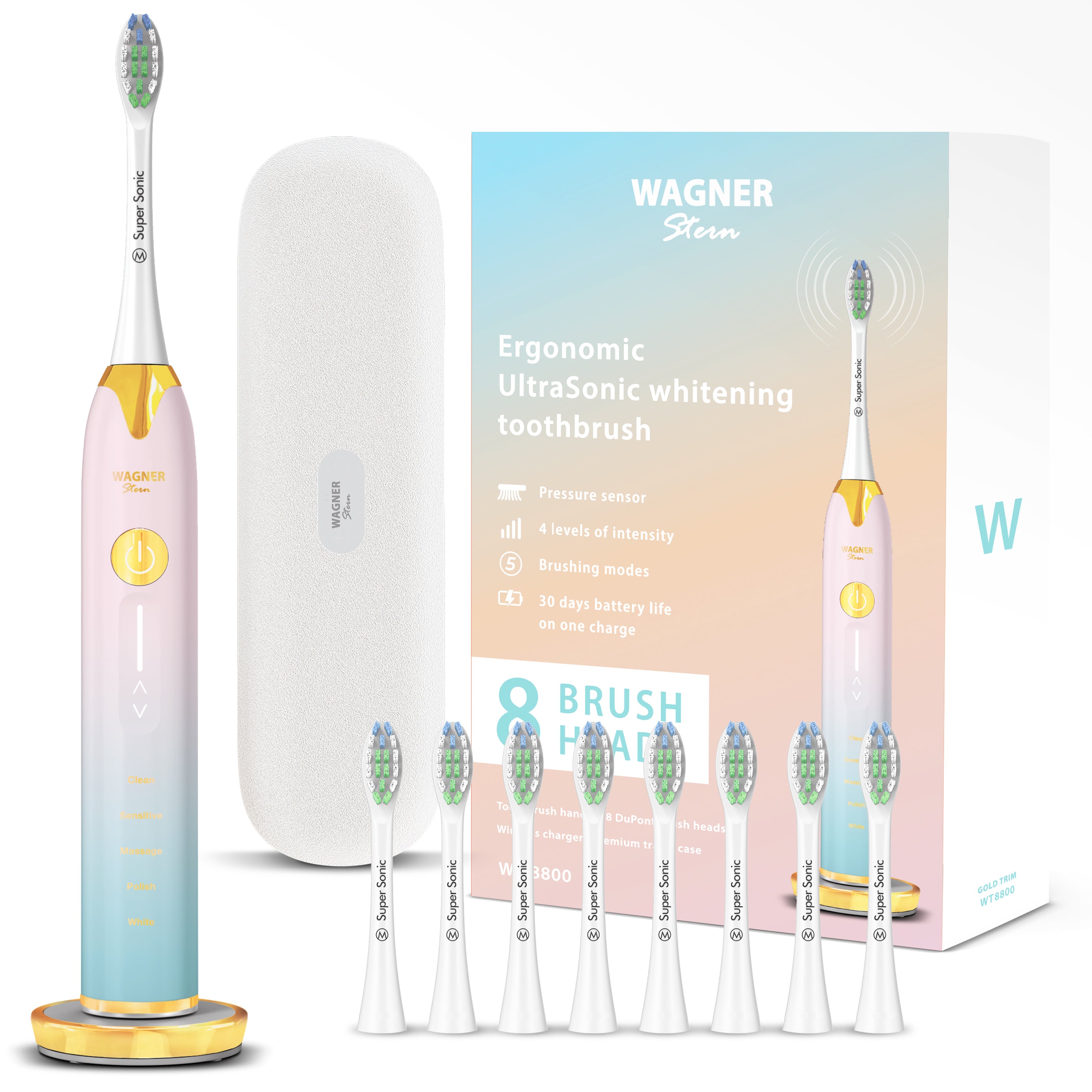 Wagner & Stern Ultrasonic whitening Toothbrush with Pressure Sensor. 5 Brushing Modes and 4 Intensity Levels with 3D Sliding Control, 8 Dupont Bristles, Premium Travel Case.