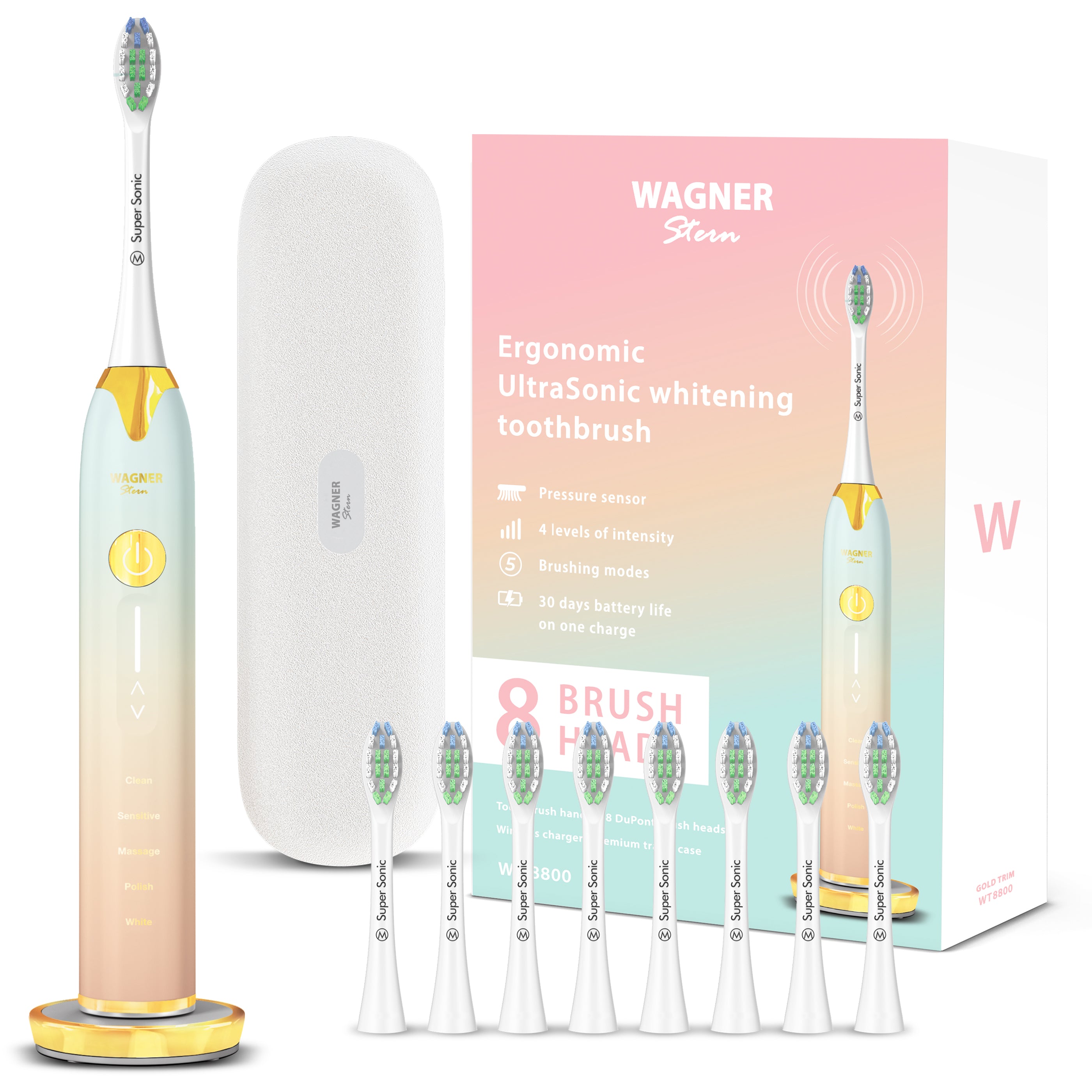 Wagner & Stern Ultrasonic whitening Toothbrush with Pressure Sensor. 5 Brushing Modes and 4 Intensity Levels with 3D Sliding Control, 8 Dupont Bristles, Premium Travel Case.