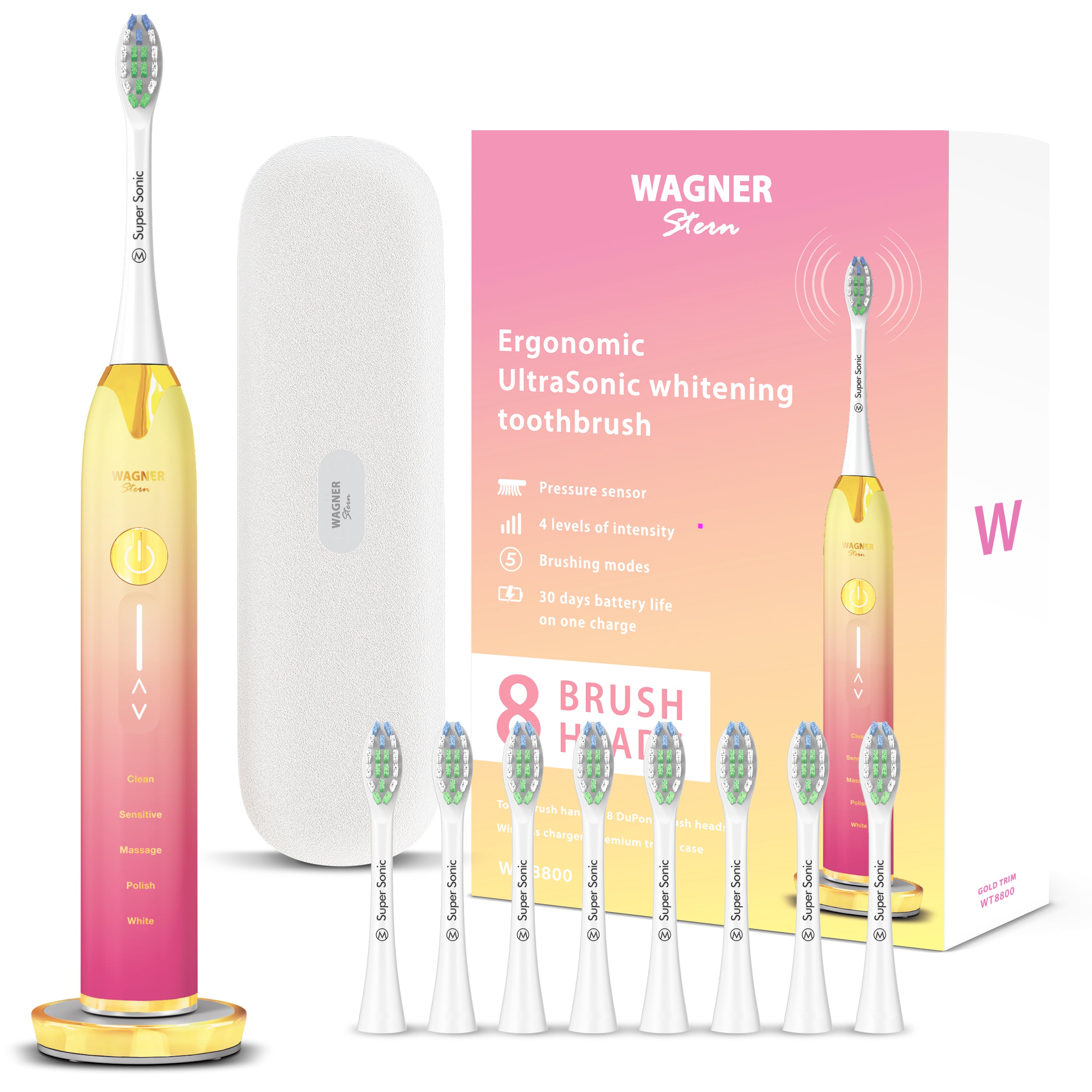 Wagner & Stern Ultrasonic whitening Toothbrush with Pressure Sensor. 5 Brushing Modes and 4 Intensity Levels with 3D Sliding Control, 8 Dupont Bristles, Premium Travel Case.