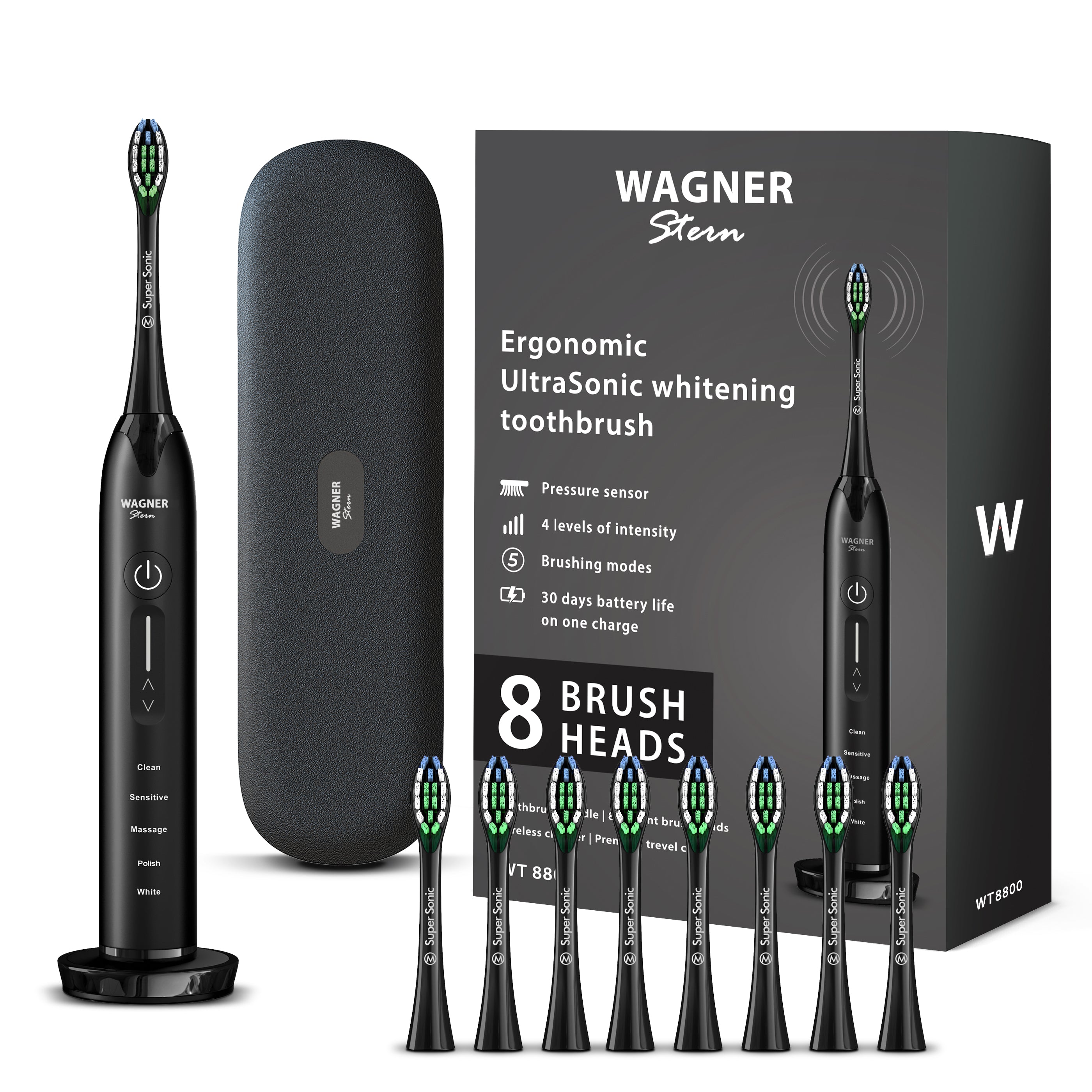 Wagner & Stern Ultrasonic whitening Toothbrush with Pressure Sensor. 5 Brushing Modes and 4 Intensity Levels with 3D Sliding Control, 8 Dupont Bristles, Premium Travel Case.