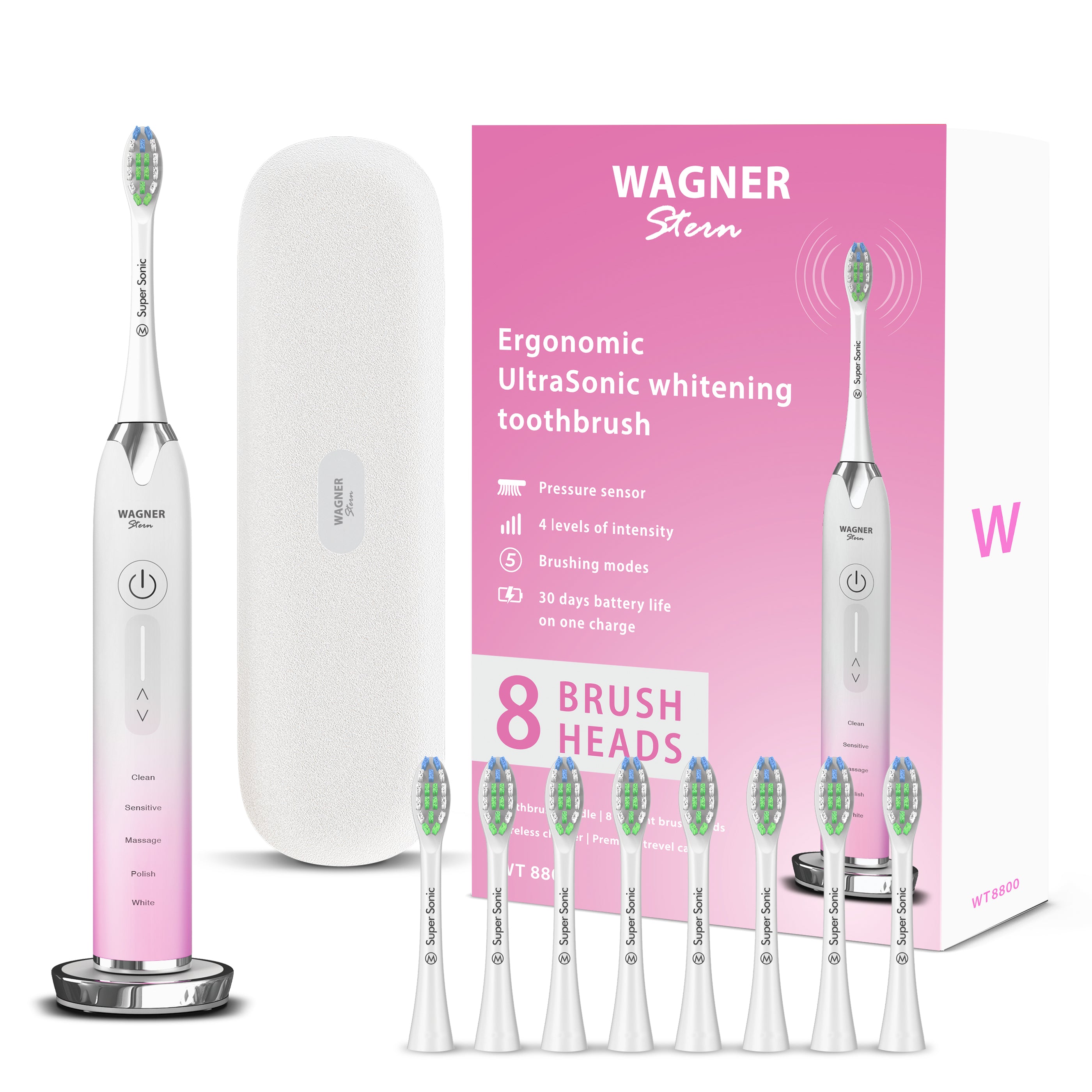 Wagner & Stern Ultrasonic whitening Toothbrush with Pressure Sensor. 5 Brushing Modes and 4 Intensity Levels with 3D Sliding Control, 8 Dupont Bristles, Premium Travel Case.