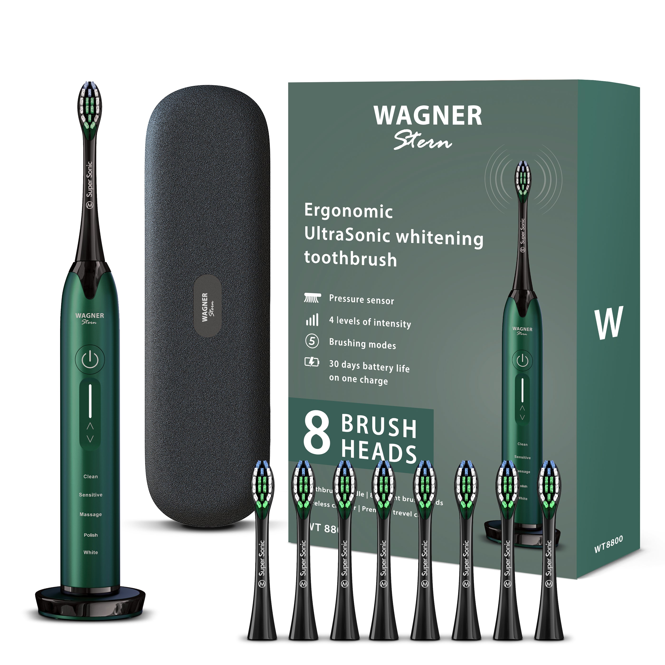 Wagner & Stern Ultrasonic whitening Toothbrush with Pressure Sensor. 5 Brushing Modes and 4 Intensity Levels with 3D Sliding Control, 8 Dupont Bristles, Premium Travel Case.