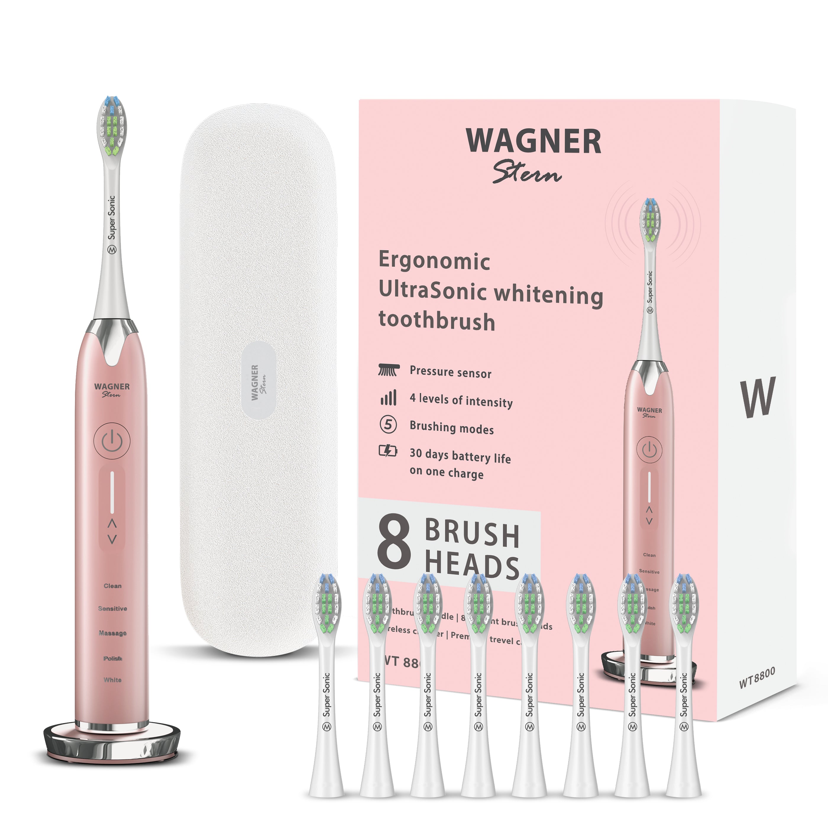 Wagner & Stern Ultrasonic whitening Toothbrush with Pressure Sensor. 5 Brushing Modes and 4 Intensity Levels with 3D Sliding Control, 8 Dupont Bristles, Premium Travel Case.