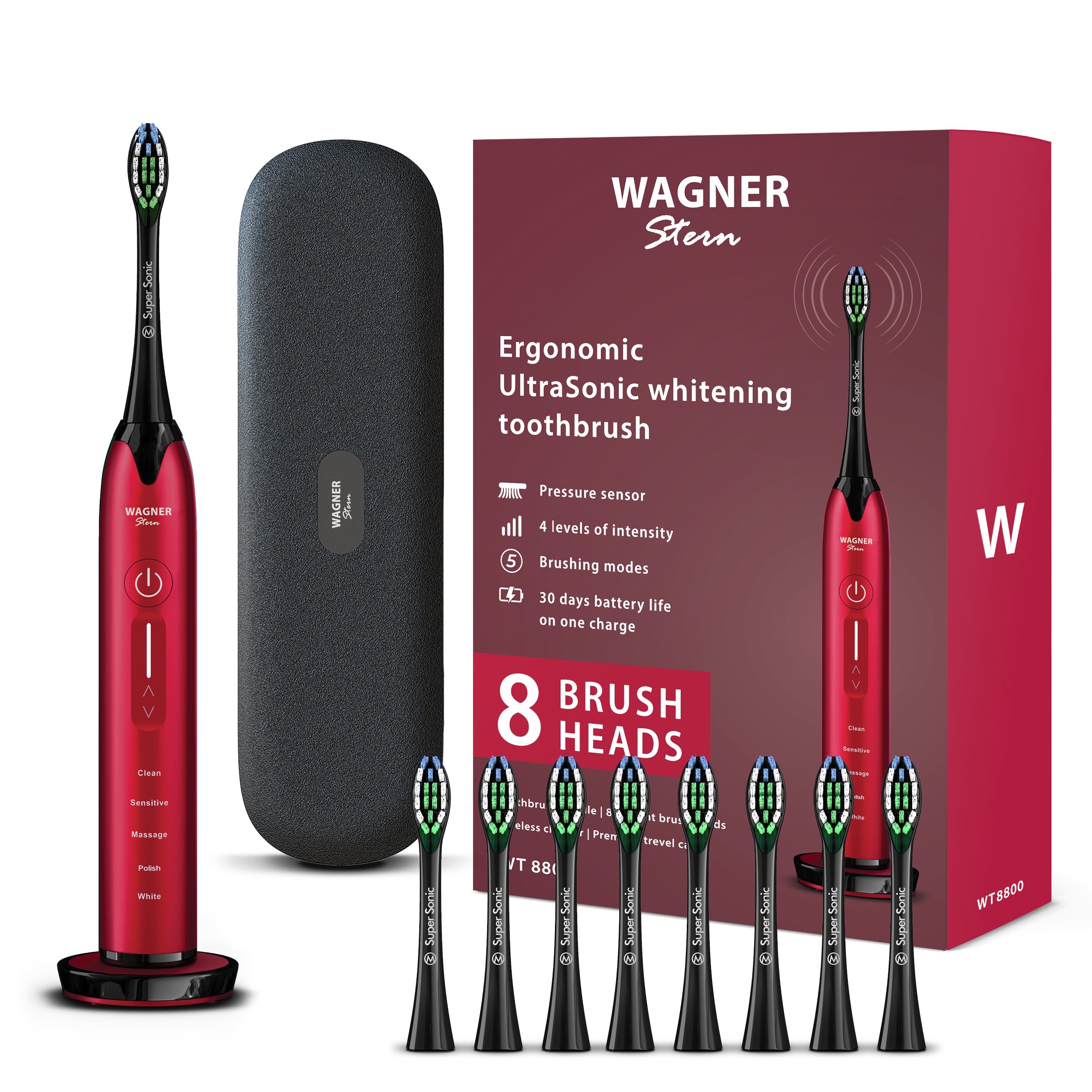 Wagner & Stern Ultrasonic whitening Toothbrush with Pressure Sensor. 5 Brushing Modes and 4 Intensity Levels with 3D Sliding Control, 8 Dupont Bristles, Premium Travel Case.