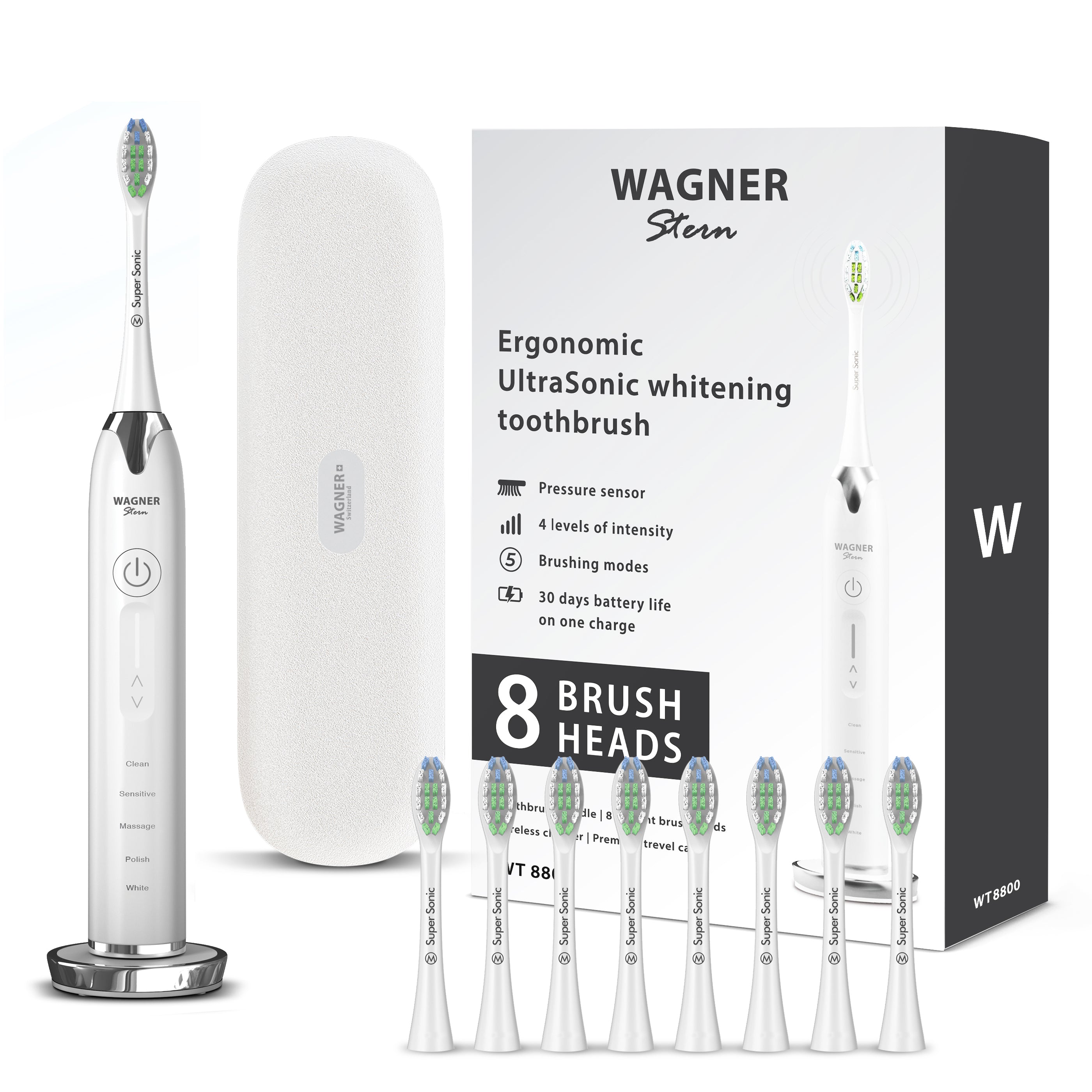 Wagner & Stern Ultrasonic whitening Toothbrush with Pressure Sensor. 5 Brushing Modes and 4 Intensity Levels with 3D Sliding Control, 8 Dupont Bristles, Premium Travel Case.