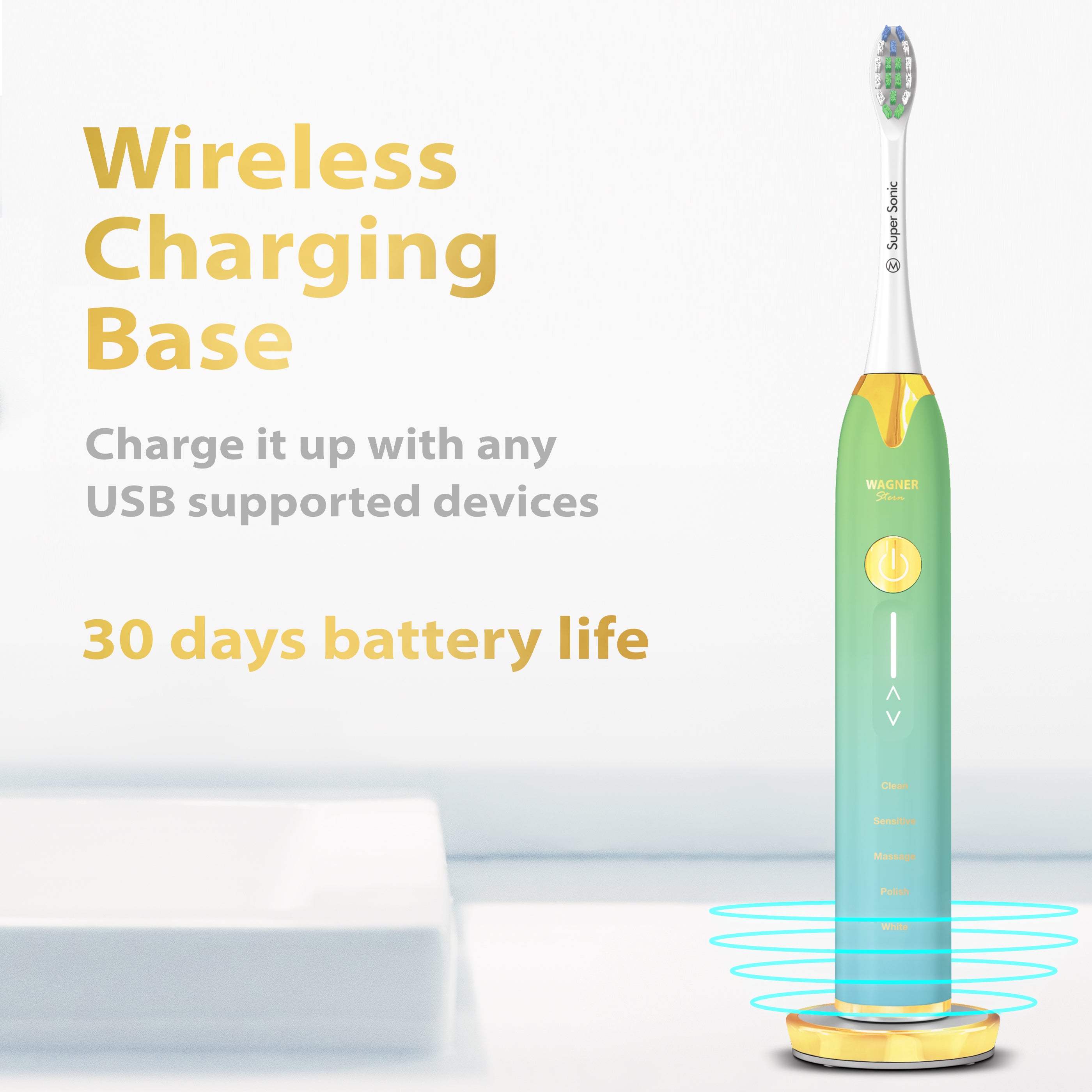 Wagner & Stern Ultrasonic whitening Toothbrush with Pressure Sensor. 5 Brushing Modes and 4 Intensity Levels with 3D Sliding Control, 8 Dupont Bristles, Premium Travel Case.