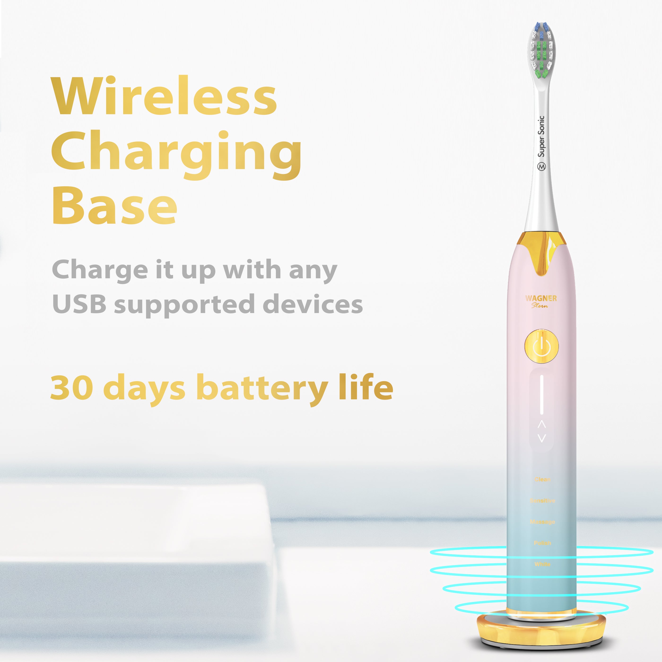 Wagner & Stern Ultrasonic whitening Toothbrush with Pressure Sensor. 5 Brushing Modes and 4 Intensity Levels with 3D Sliding Control, 8 Dupont Bristles, Premium Travel Case.