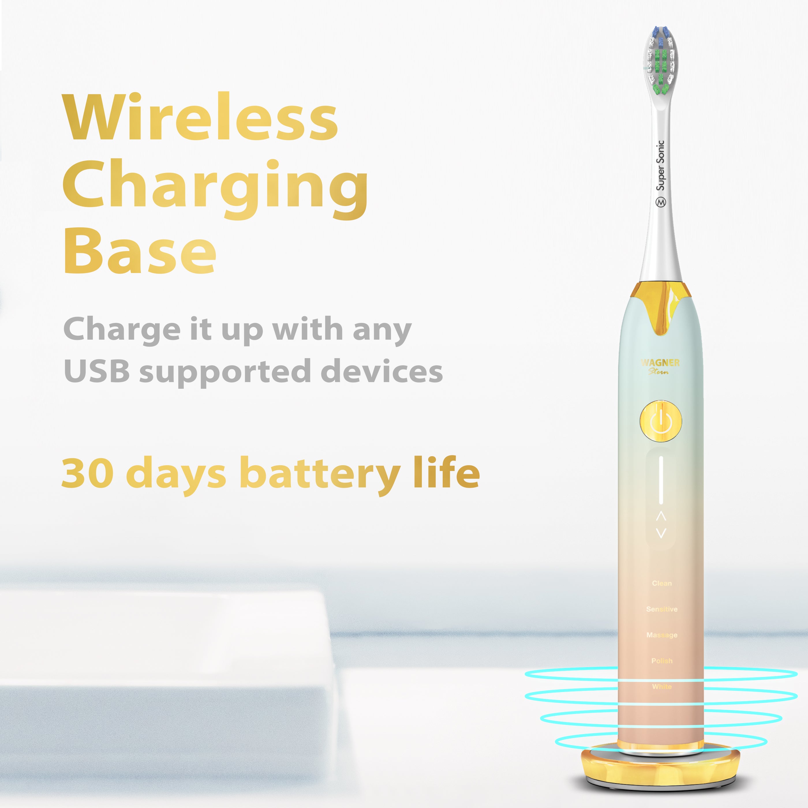 Wagner & Stern Ultrasonic whitening Toothbrush with Pressure Sensor. 5 Brushing Modes and 4 Intensity Levels with 3D Sliding Control, 8 Dupont Bristles, Premium Travel Case.