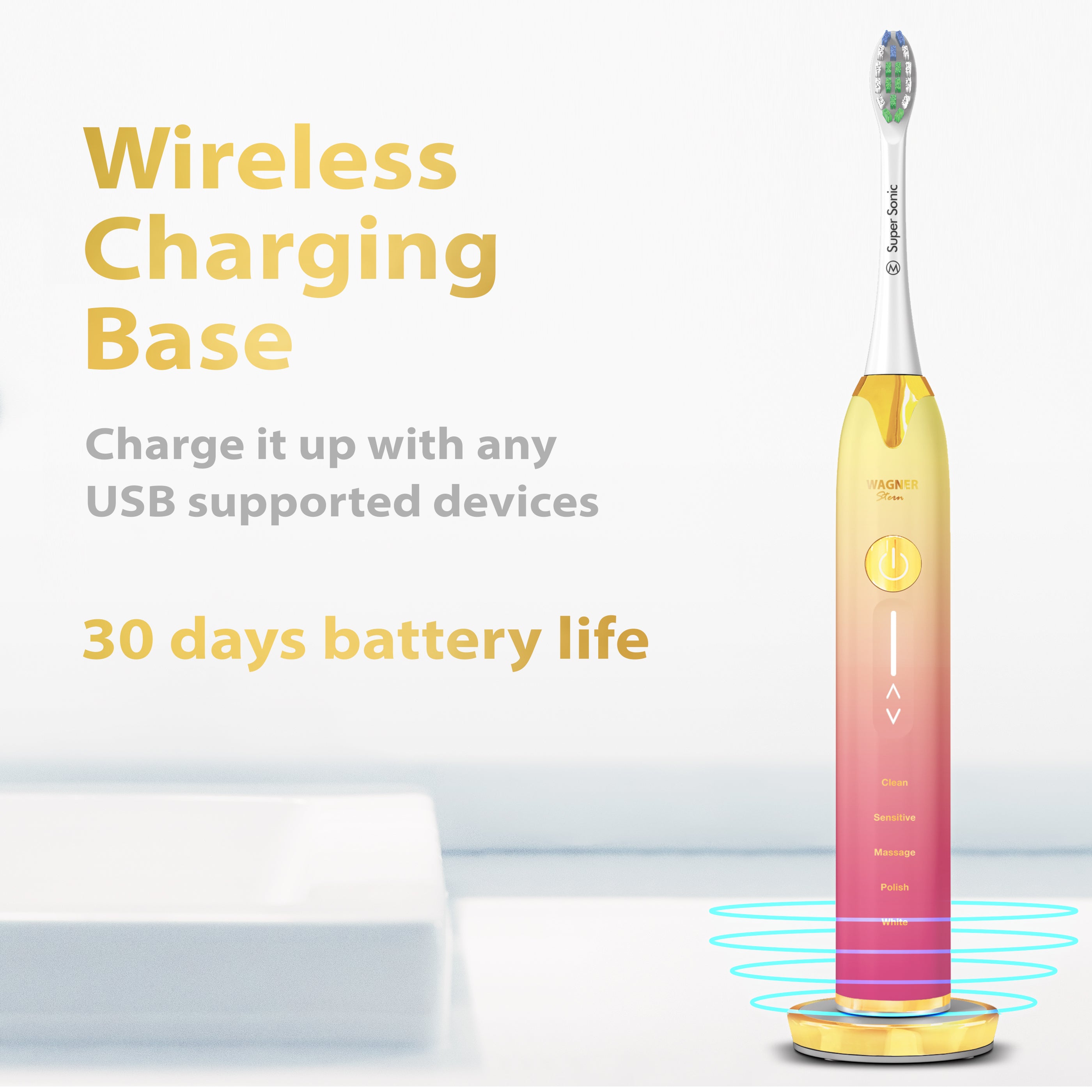 Wagner & Stern Ultrasonic whitening Toothbrush with Pressure Sensor. 5 Brushing Modes and 4 Intensity Levels with 3D Sliding Control, 8 Dupont Bristles, Premium Travel Case.