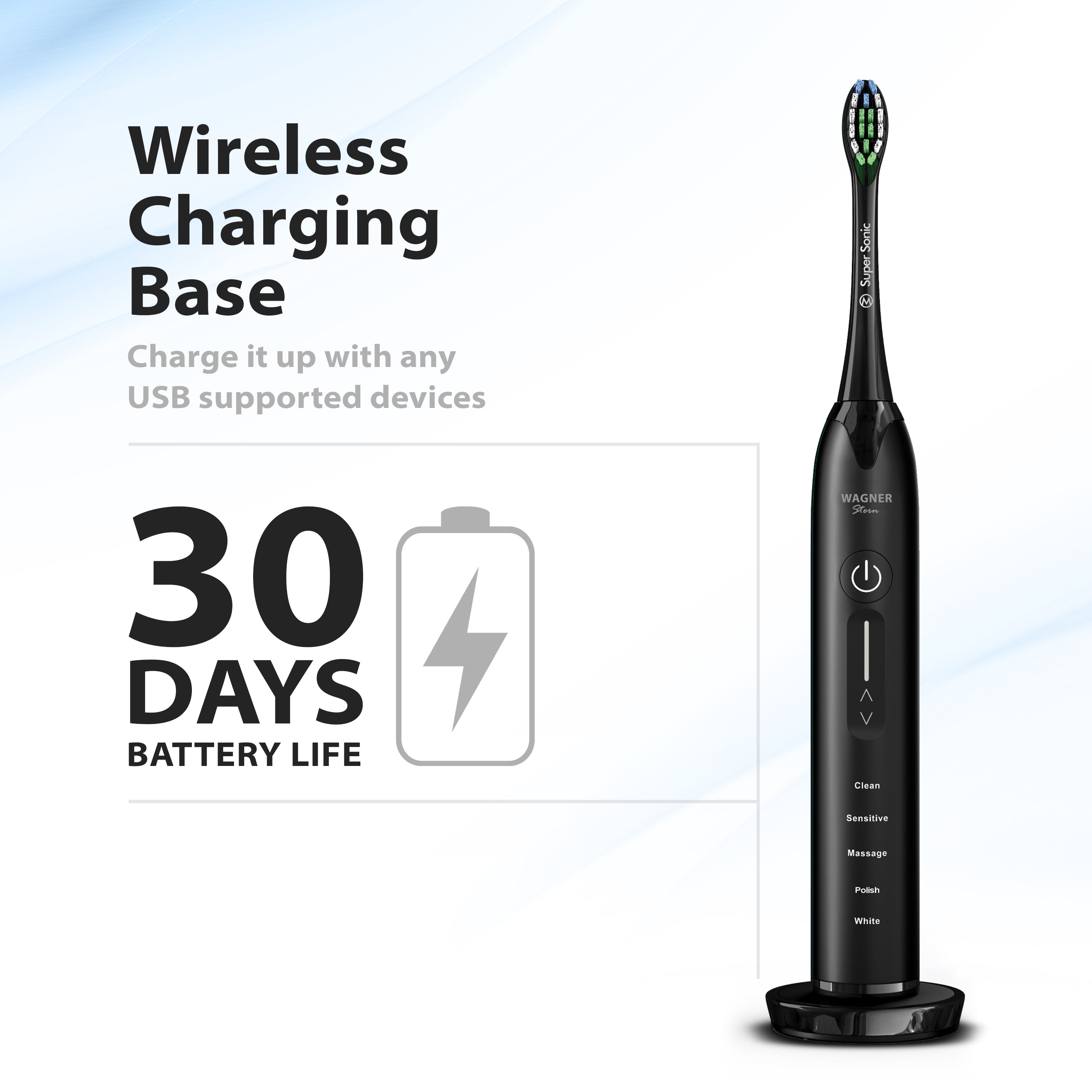 Wagner & Stern Ultrasonic whitening Toothbrush with Pressure Sensor. 5 Brushing Modes and 4 Intensity Levels with 3D Sliding Control, 8 Dupont Bristles, Premium Travel Case.