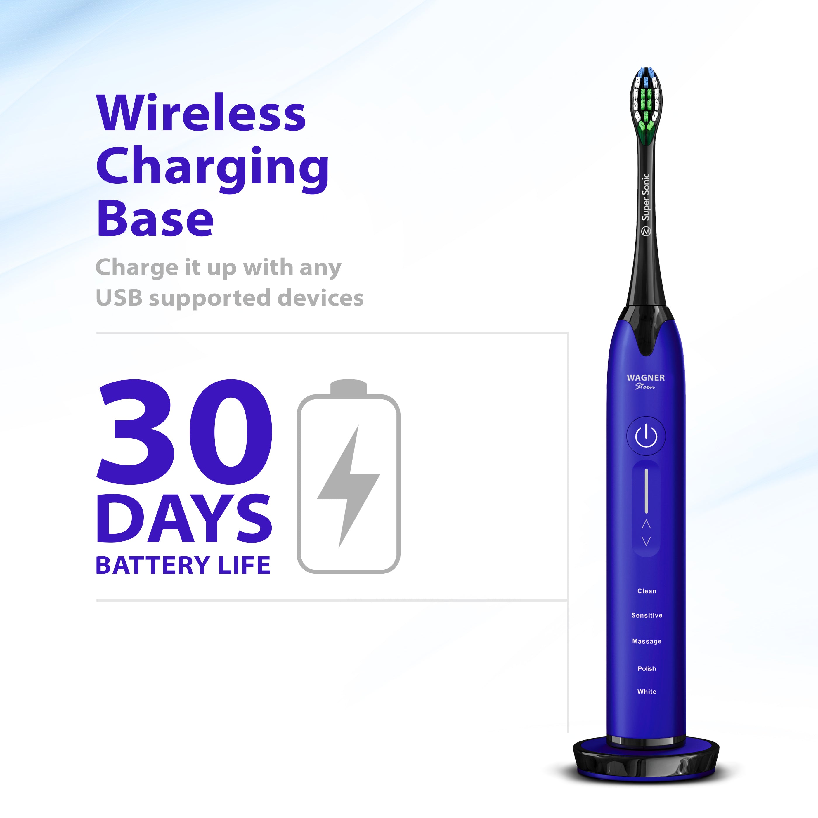 Wagner & Stern Ultrasonic whitening Toothbrush with Pressure Sensor. 5 Brushing Modes and 4 Intensity Levels with 3D Sliding Control, 8 Dupont Bristles, Premium Travel Case.