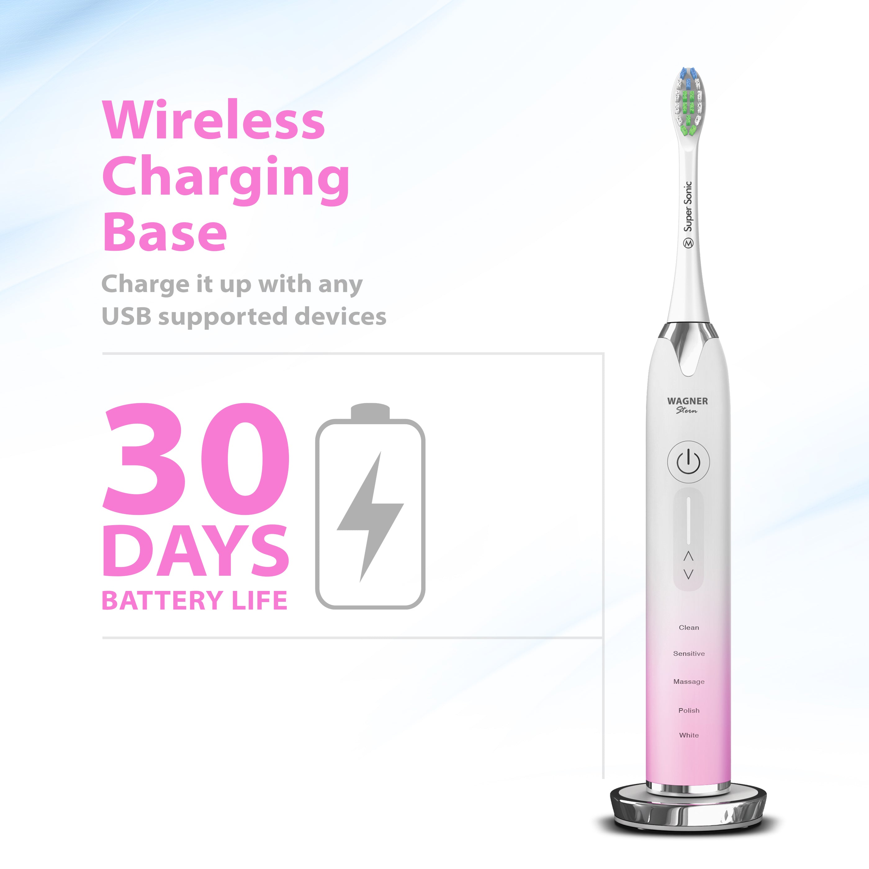 Wagner & Stern Ultrasonic whitening Toothbrush with Pressure Sensor. 5 Brushing Modes and 4 Intensity Levels with 3D Sliding Control, 8 Dupont Bristles, Premium Travel Case.