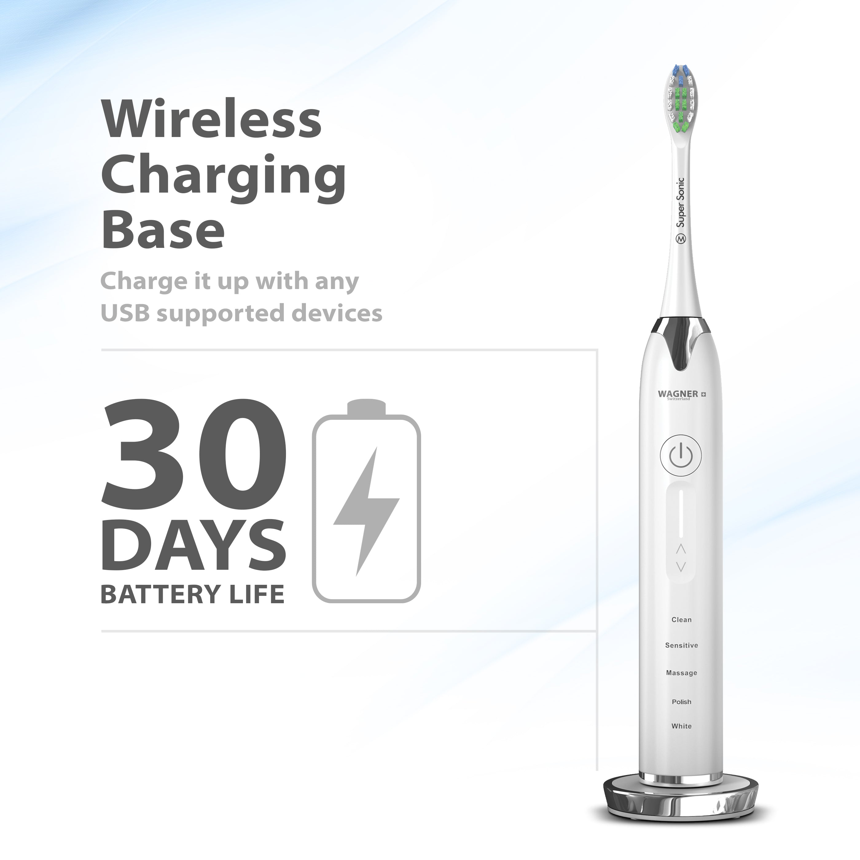 Wagner & Stern Ultrasonic whitening Toothbrush with Pressure Sensor. 5 Brushing Modes and 4 Intensity Levels with 3D Sliding Control, 8 Dupont Bristles, Premium Travel Case.