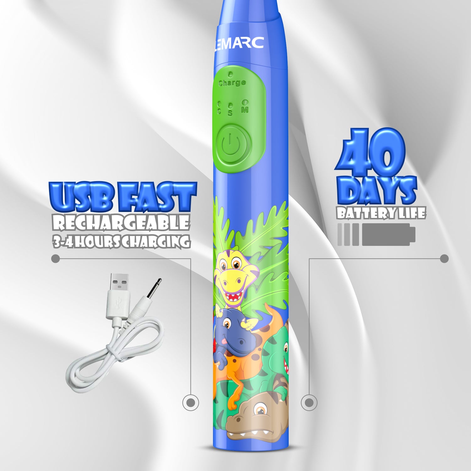 LEMARC USA Supersonic Kids Electric Toothbrush 8 Dupont Brush Heads, USB Rechargeable, Vibration Speed Control Plus Massage Mode, 2 Min Timer, Waterproof, for Age 3+ (Blue)