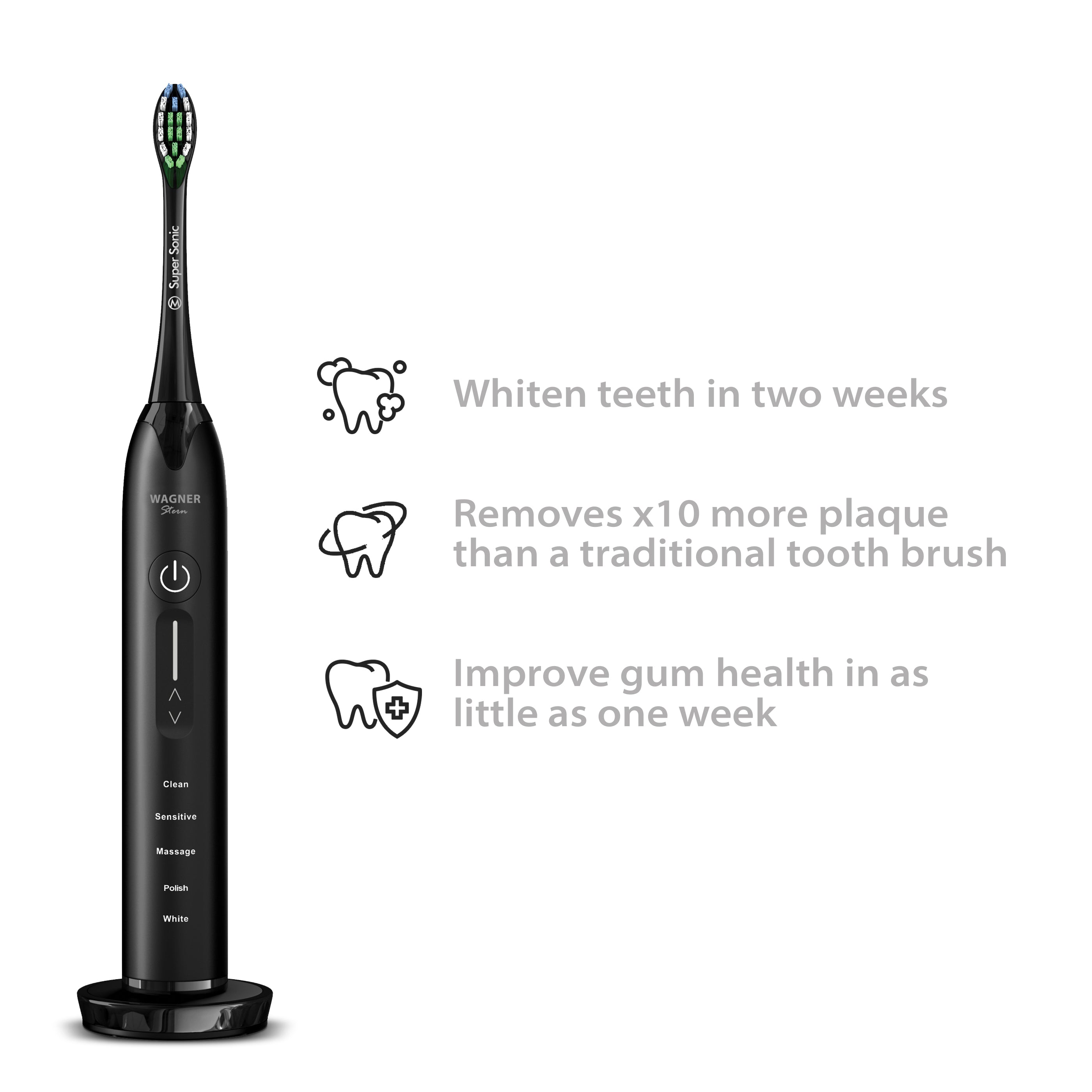 Wagner & Stern Ultrasonic whitening Toothbrush with Pressure Sensor. 5 Brushing Modes and 4 Intensity Levels with 3D Sliding Control, 8 Dupont Bristles, Premium Travel Case.