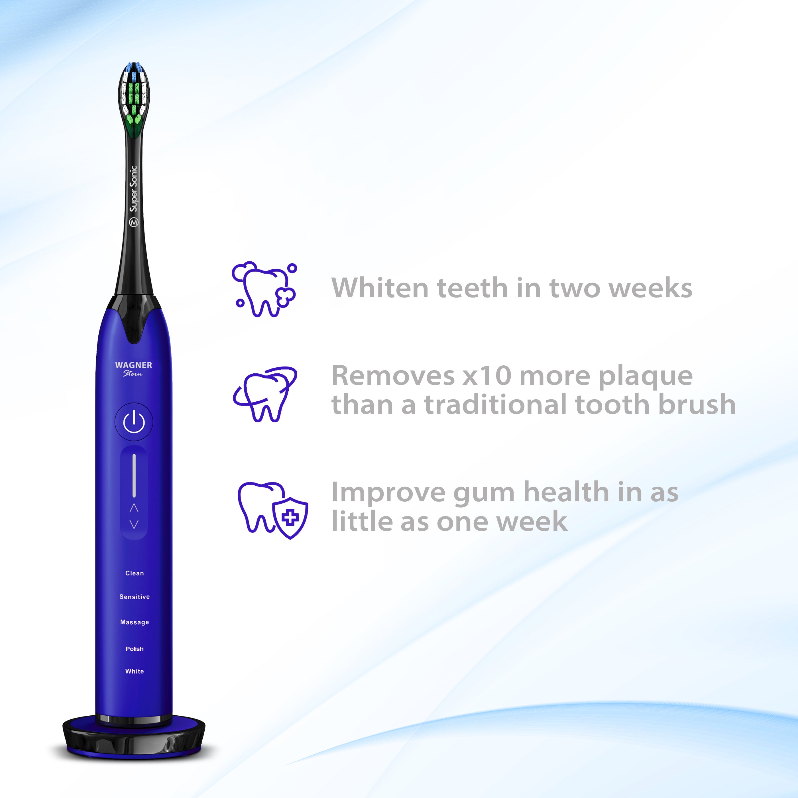 Wagner & Stern Ultrasonic whitening Toothbrush with Pressure Sensor. 5 Brushing Modes and 4 Intensity Levels with 3D Sliding Control, 8 Dupont Bristles, Premium Travel Case.