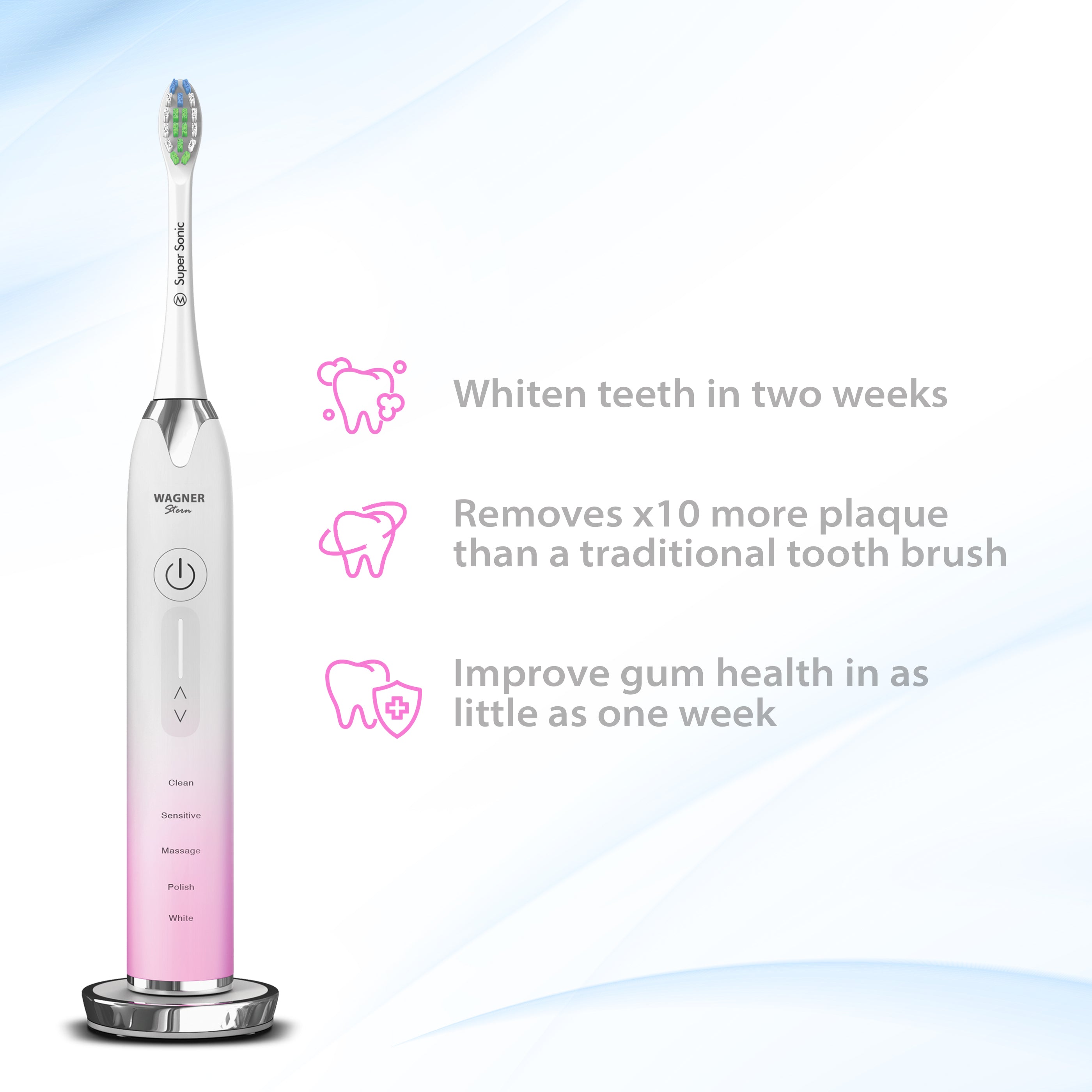 Wagner & Stern Ultrasonic whitening Toothbrush with Pressure Sensor. 5 Brushing Modes and 4 Intensity Levels with 3D Sliding Control, 8 Dupont Bristles, Premium Travel Case.