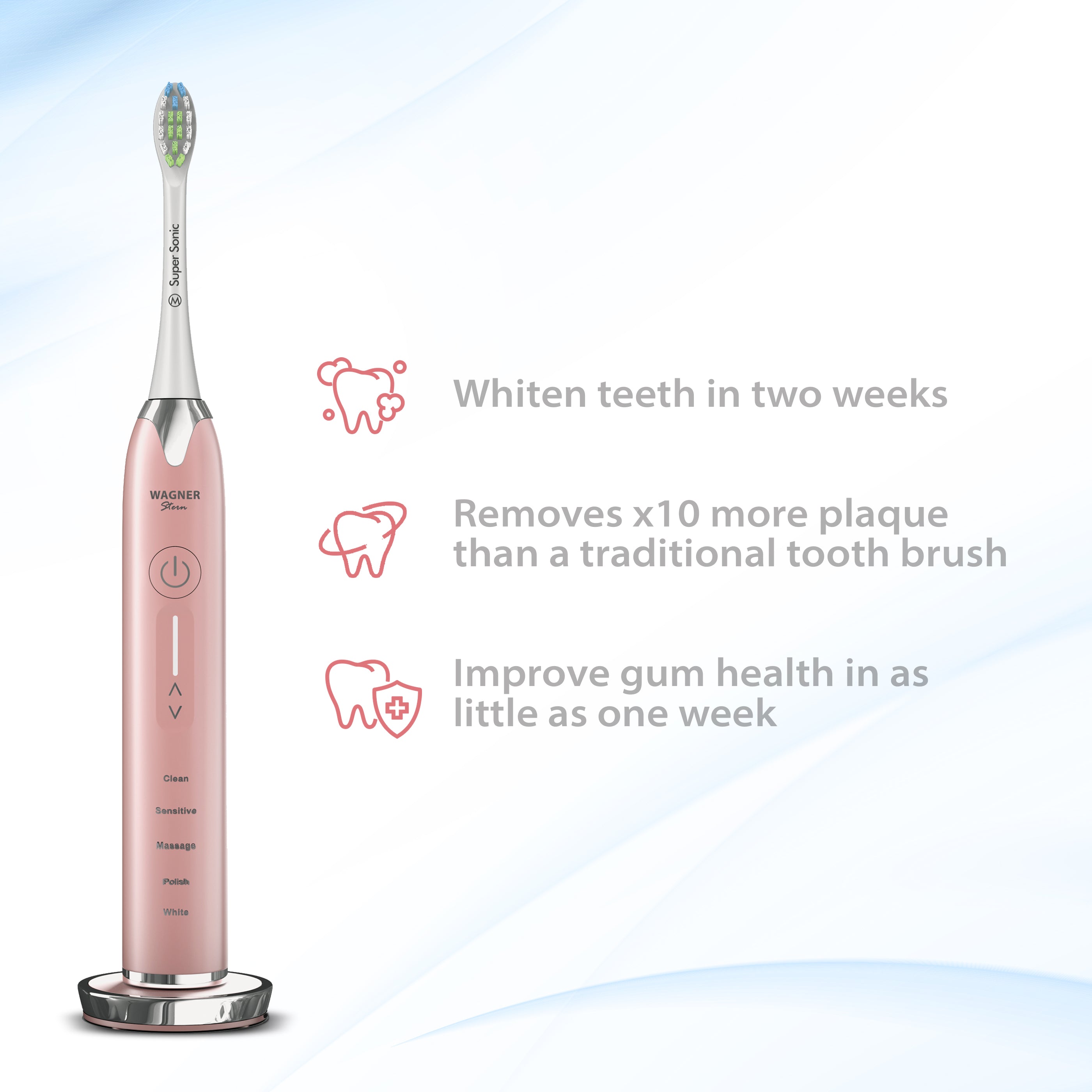 Wagner & Stern Ultrasonic whitening Toothbrush with Pressure Sensor. 5 Brushing Modes and 4 Intensity Levels with 3D Sliding Control, 8 Dupont Bristles, Premium Travel Case.