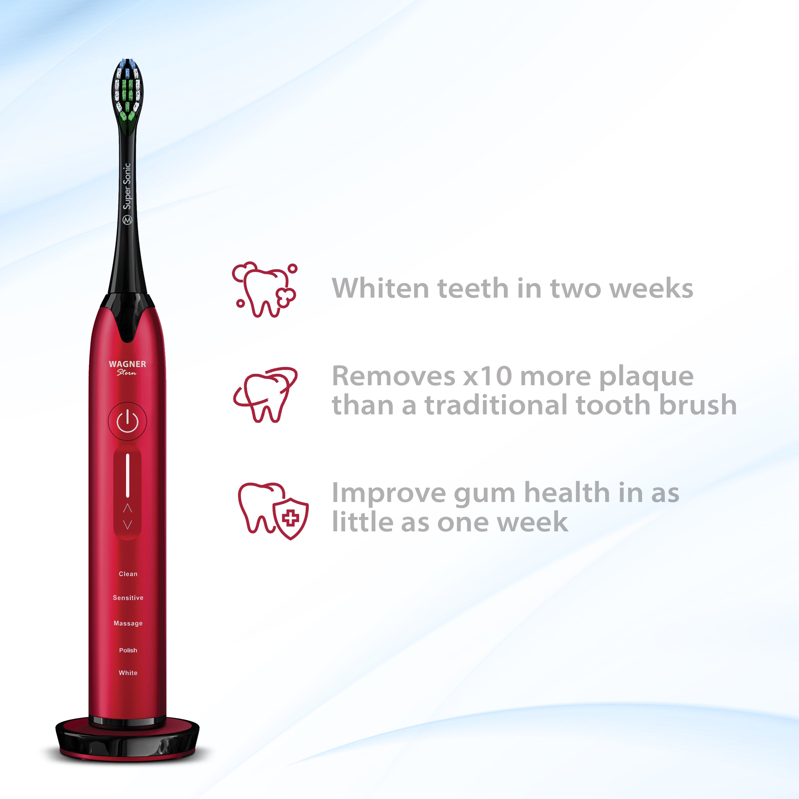 Wagner & Stern Ultrasonic whitening Toothbrush with Pressure Sensor. 5 Brushing Modes and 4 Intensity Levels with 3D Sliding Control, 8 Dupont Bristles, Premium Travel Case.