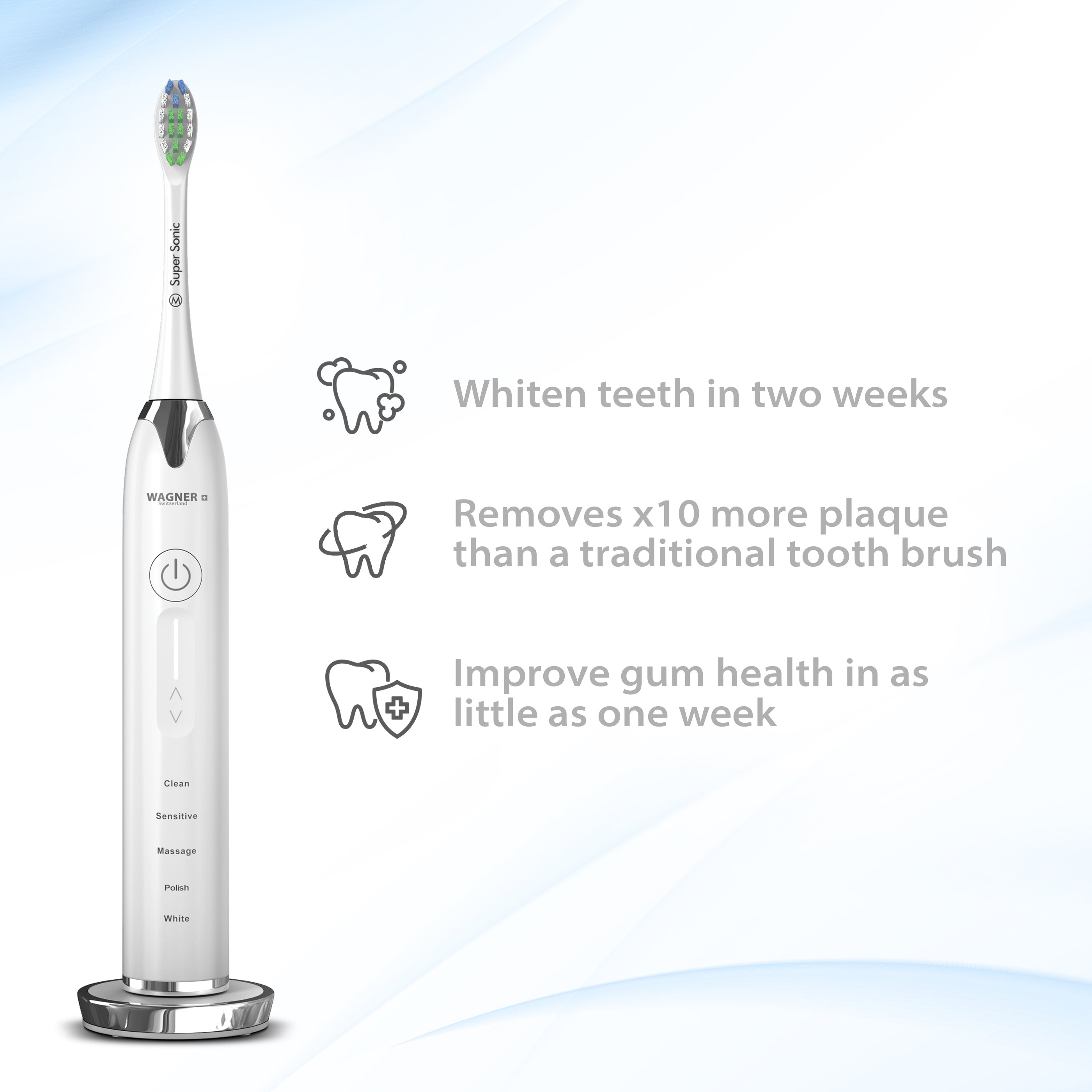 Wagner & Stern Ultrasonic whitening Toothbrush with Pressure Sensor. 5 Brushing Modes and 4 Intensity Levels with 3D Sliding Control, 8 Dupont Bristles, Premium Travel Case.
