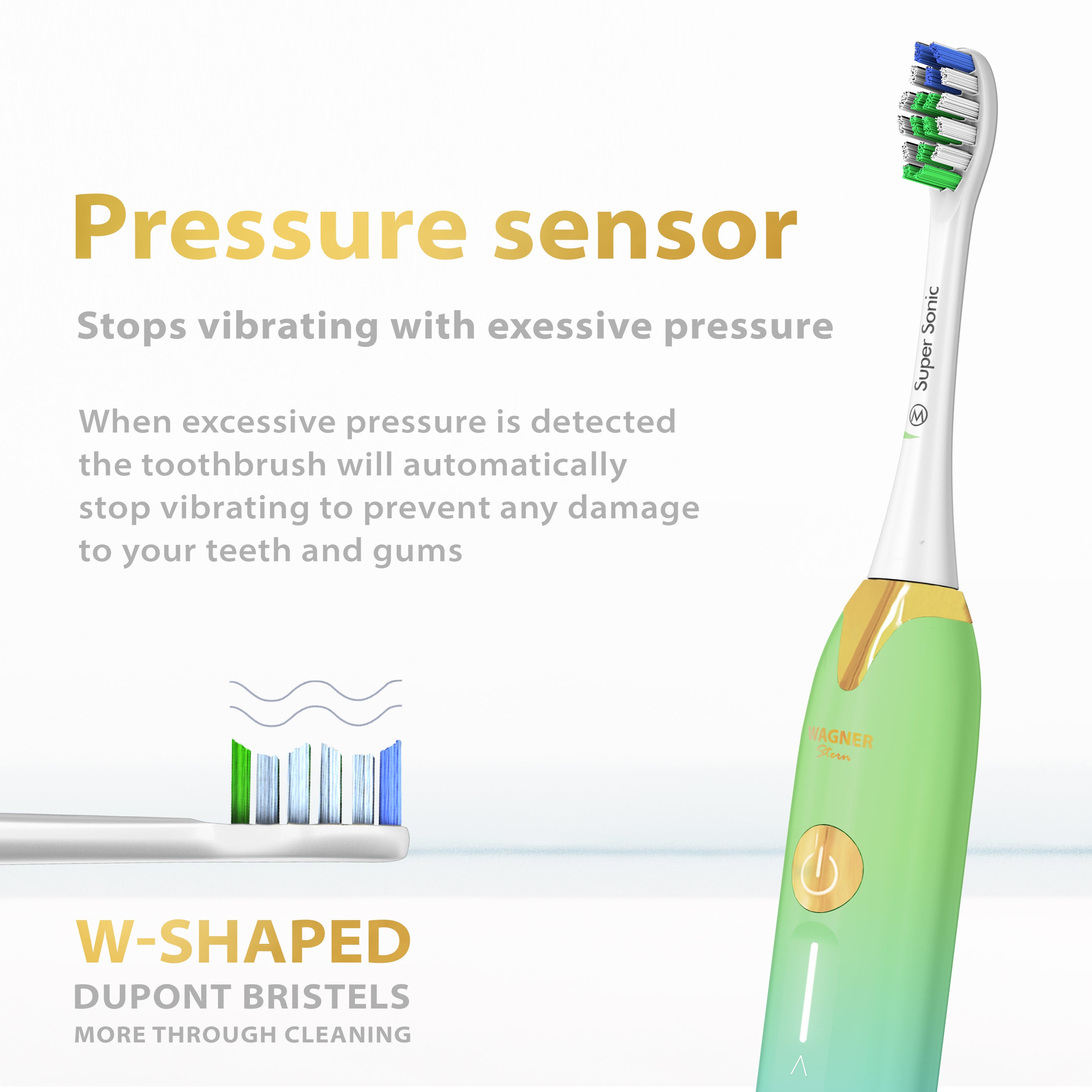 Wagner & Stern Ultrasonic whitening Toothbrush with Pressure Sensor. 5 Brushing Modes and 4 Intensity Levels with 3D Sliding Control, 8 Dupont Bristles, Premium Travel Case.