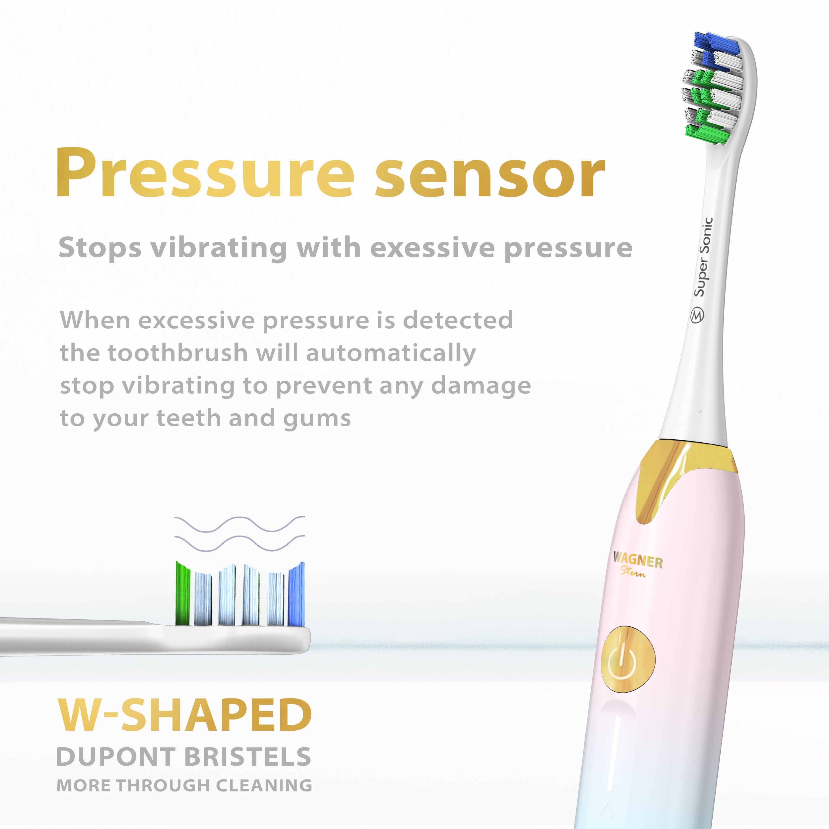 Wagner & Stern Ultrasonic whitening Toothbrush with Pressure Sensor. 5 Brushing Modes and 4 Intensity Levels with 3D Sliding Control, 8 Dupont Bristles, Premium Travel Case.