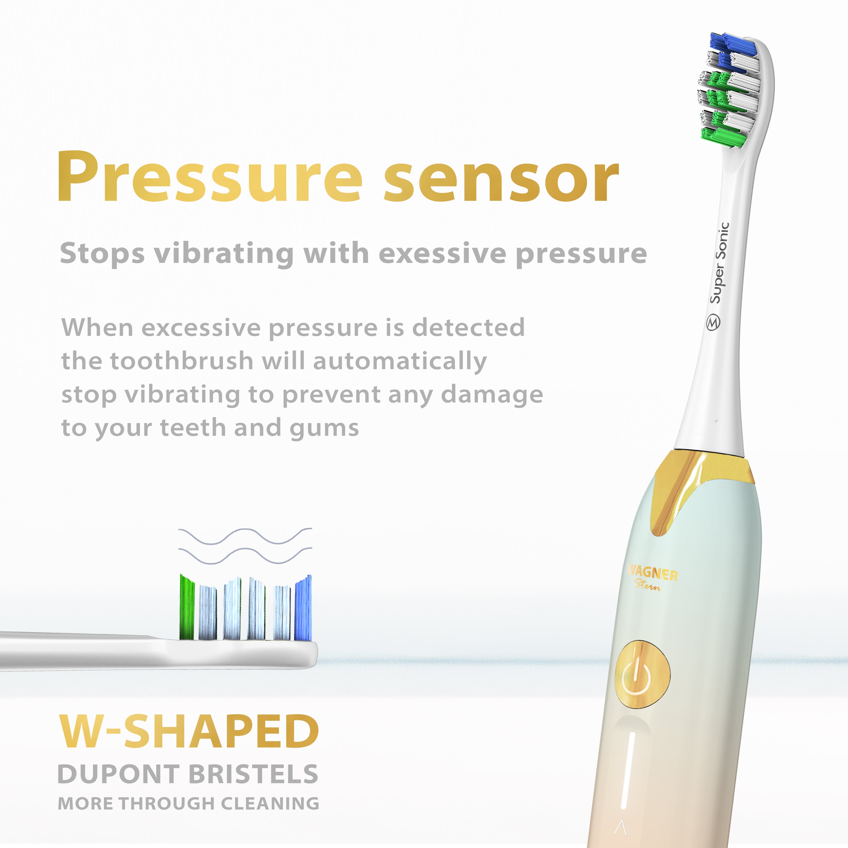 Wagner & Stern Ultrasonic whitening Toothbrush with Pressure Sensor. 5 Brushing Modes and 4 Intensity Levels with 3D Sliding Control, 8 Dupont Bristles, Premium Travel Case.