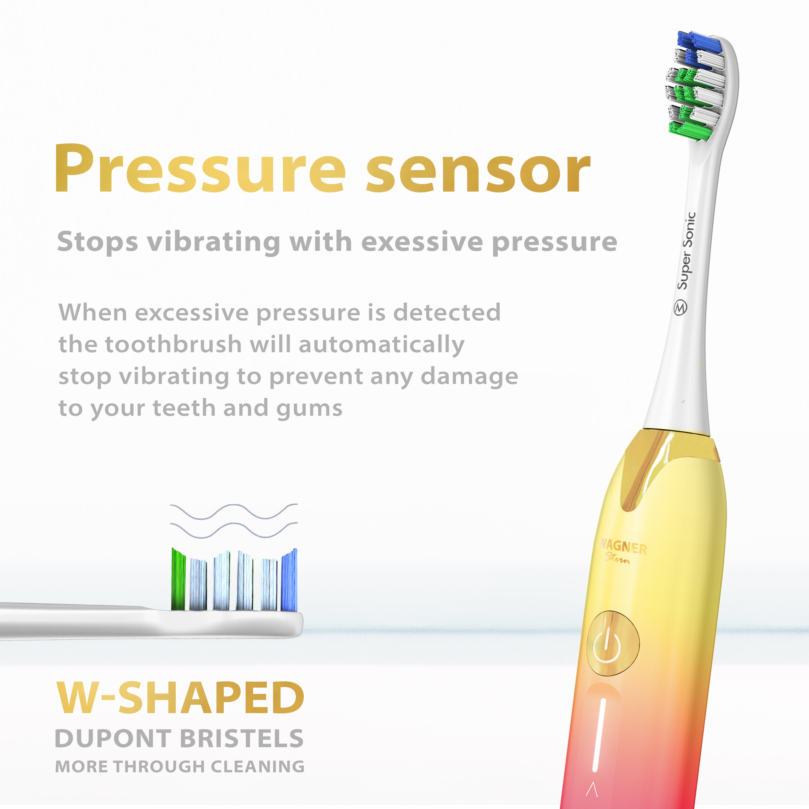 Wagner & Stern Ultrasonic whitening Toothbrush with Pressure Sensor. 5 Brushing Modes and 4 Intensity Levels with 3D Sliding Control, 8 Dupont Bristles, Premium Travel Case.
