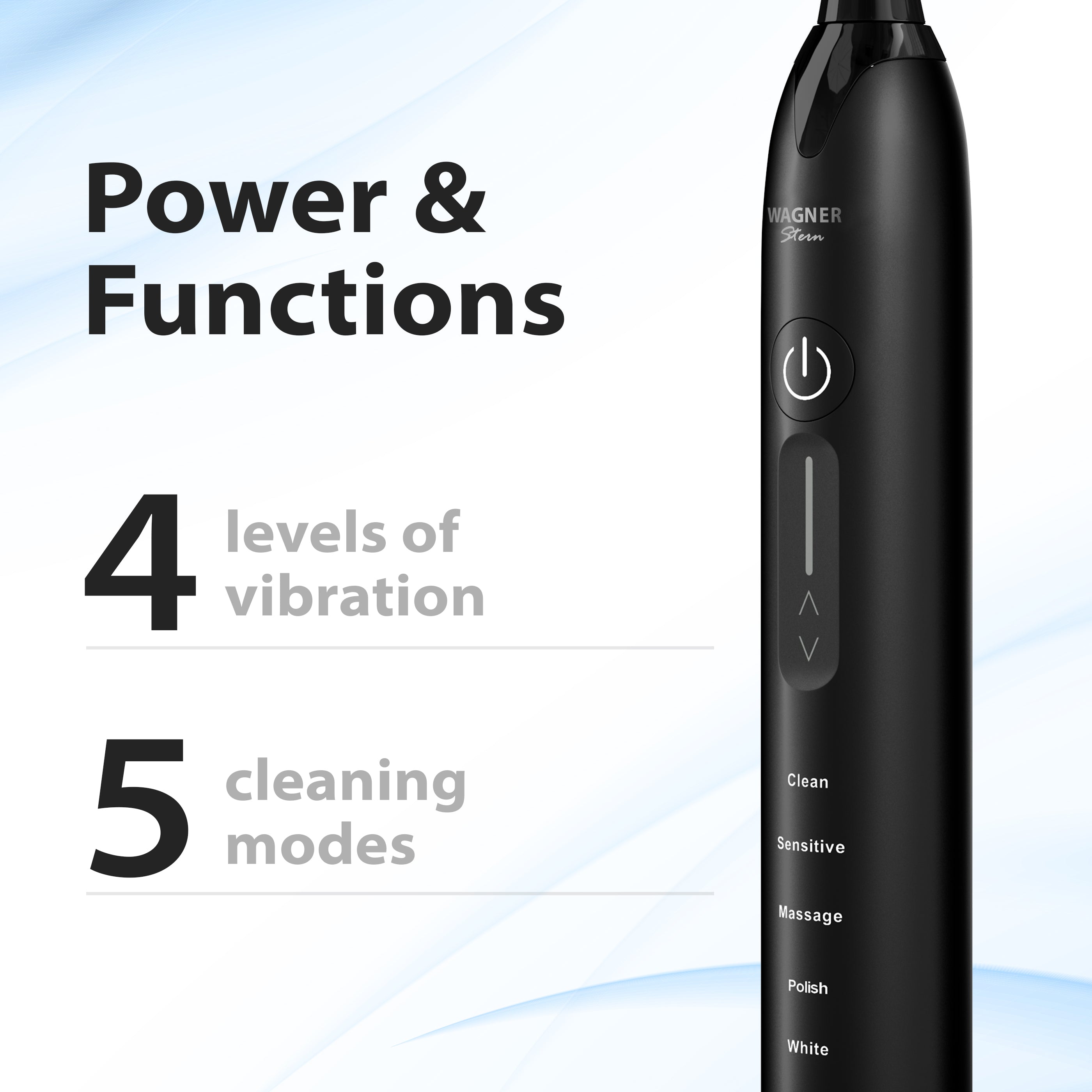Wagner & Stern Ultrasonic whitening Toothbrush with Pressure Sensor. 5 Brushing Modes and 4 Intensity Levels with 3D Sliding Control, 8 Dupont Bristles, Premium Travel Case.