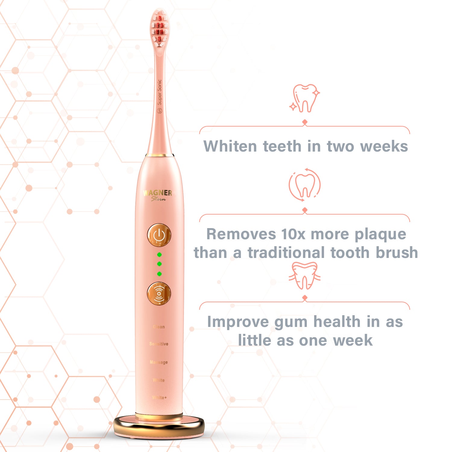 Wagner & Stern WHITEN+ Edition. Smart Electric Toothbrush with Pressure Sensor. 5 Brushing Modes and 3 Intensity Levels, 8 Dupont Bristles, Premium Travel Case.