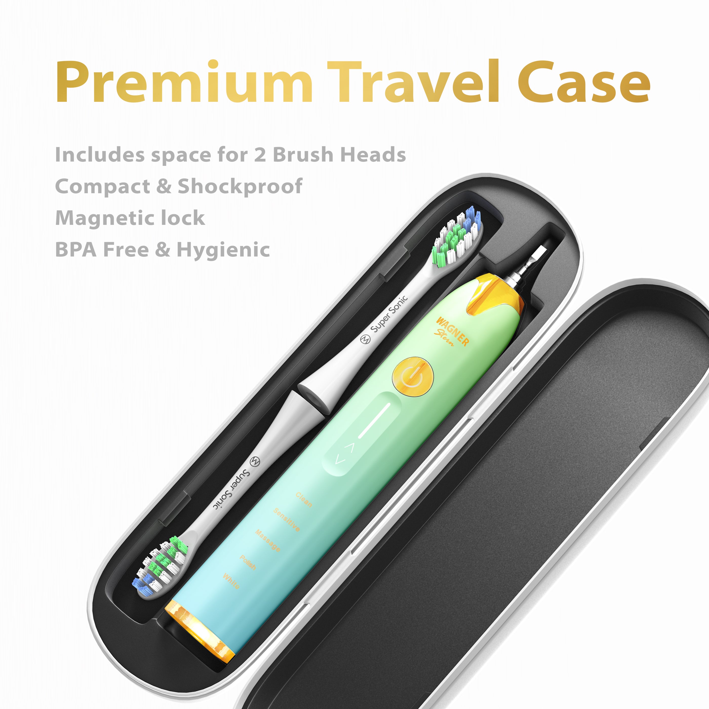 Wagner & Stern Ultrasonic whitening Toothbrush with Pressure Sensor. 5 Brushing Modes and 4 Intensity Levels with 3D Sliding Control, 8 Dupont Bristles, Premium Travel Case.
