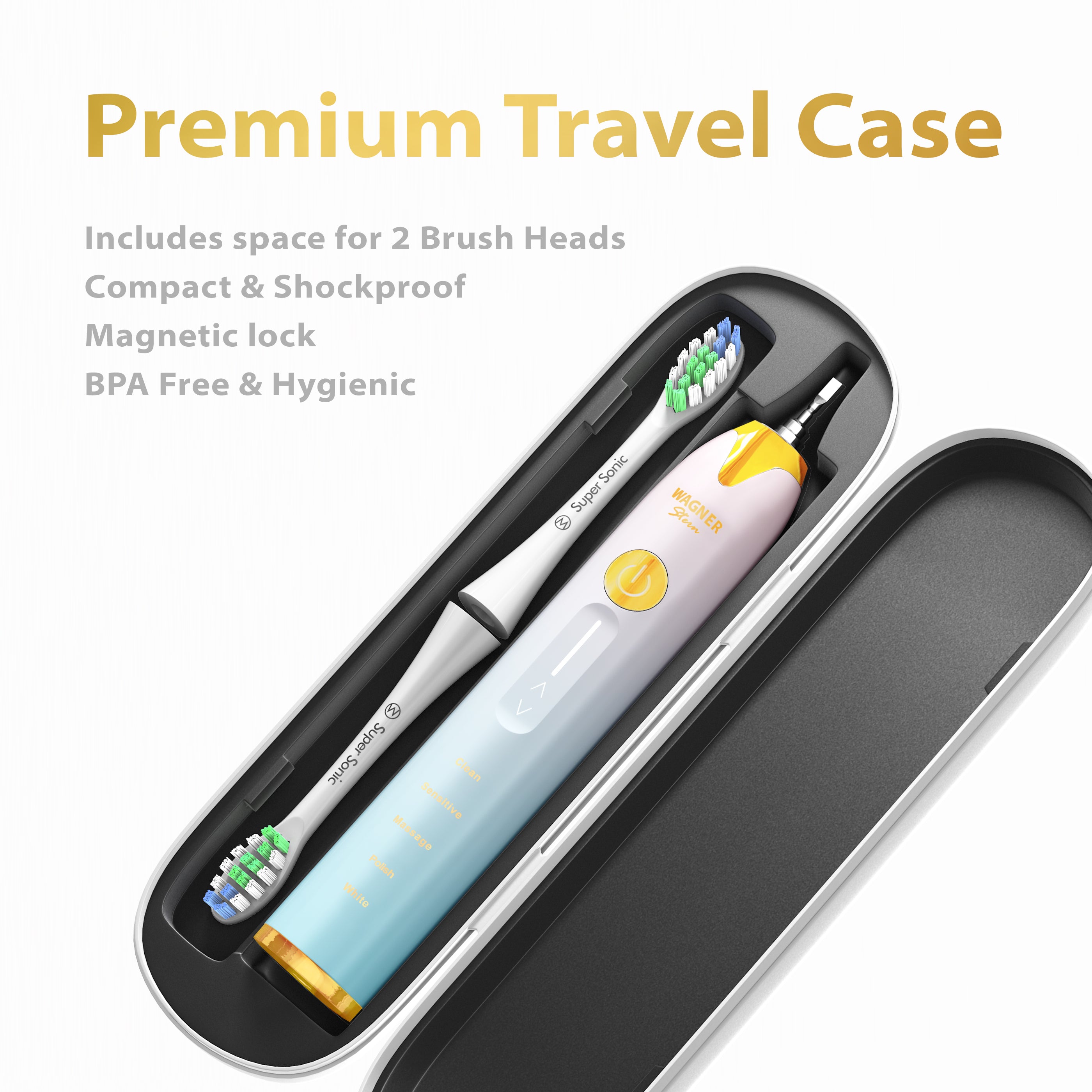Wagner & Stern Ultrasonic whitening Toothbrush with Pressure Sensor. 5 Brushing Modes and 4 Intensity Levels with 3D Sliding Control, 8 Dupont Bristles, Premium Travel Case.