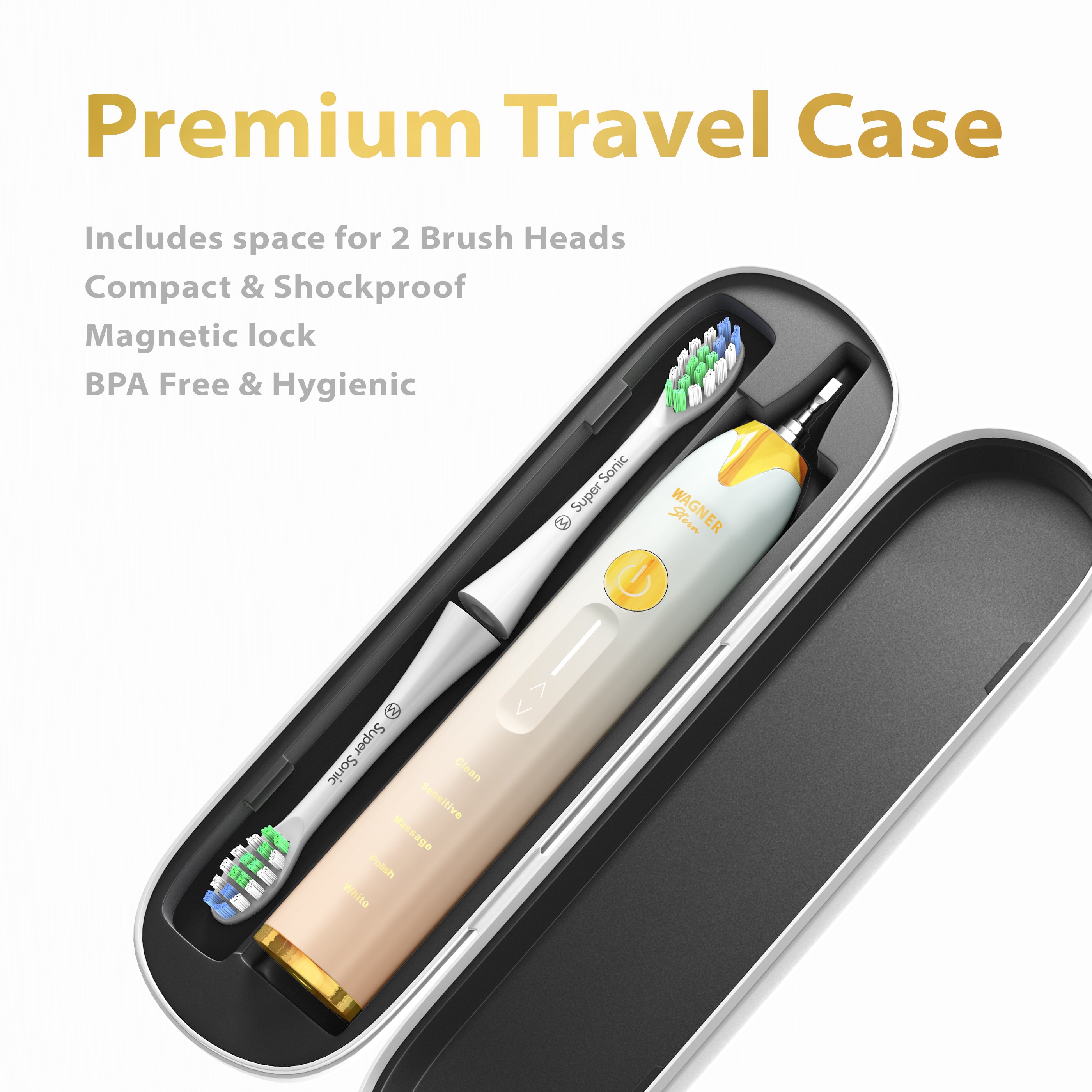 Wagner & Stern Ultrasonic whitening Toothbrush with Pressure Sensor. 5 Brushing Modes and 4 Intensity Levels with 3D Sliding Control, 8 Dupont Bristles, Premium Travel Case.